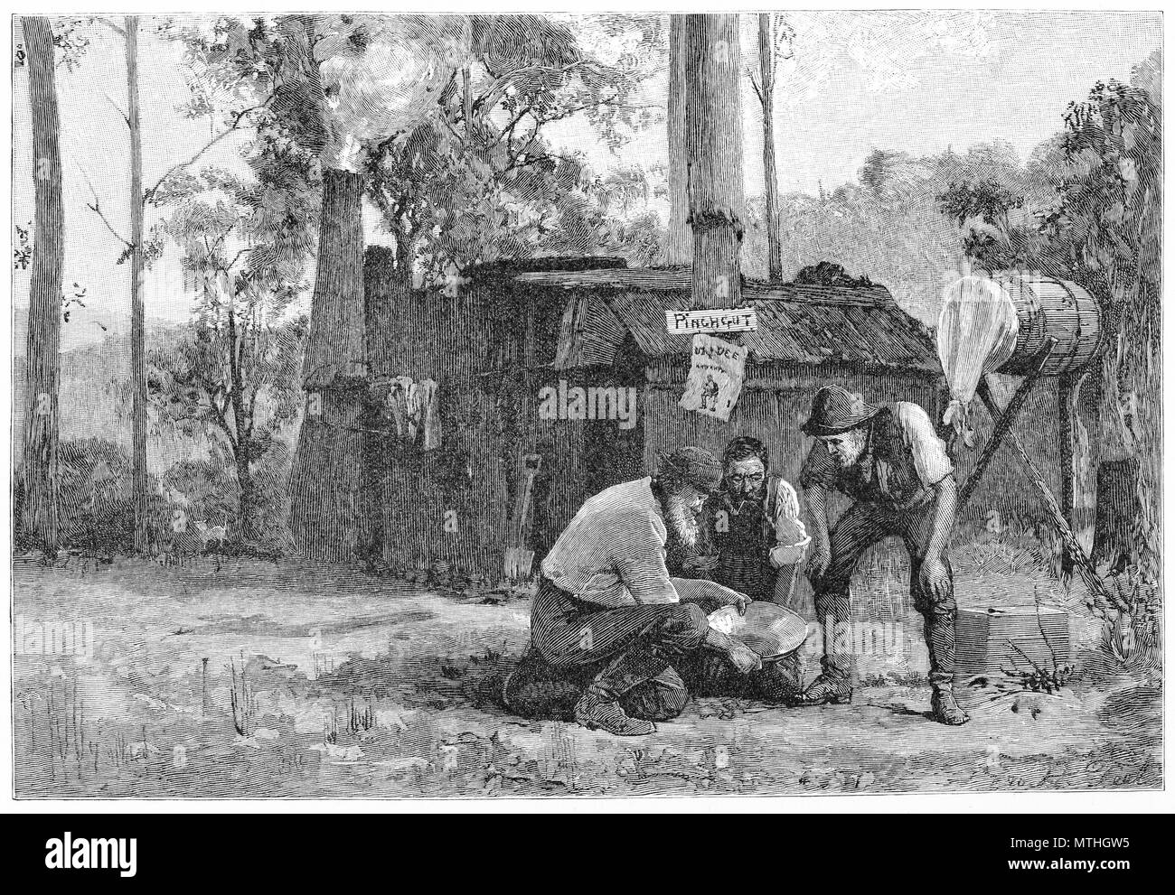 Gravieren von Goldsuchern am Arbeitsplatz auf ein Australisches goldfield in den 1850er Jahren. Von der malerischen Atlas von Australasien Vol. 3, 1886 Stockfoto