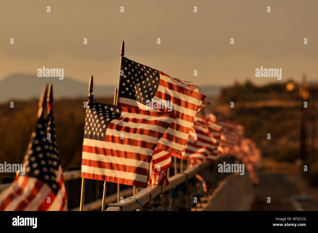 Amerikanische Flaggen angebracht zu einer Brücke über den Río Santa Cruz Schlag im Wind in Green Valley, Arizona, USA. Stockfoto