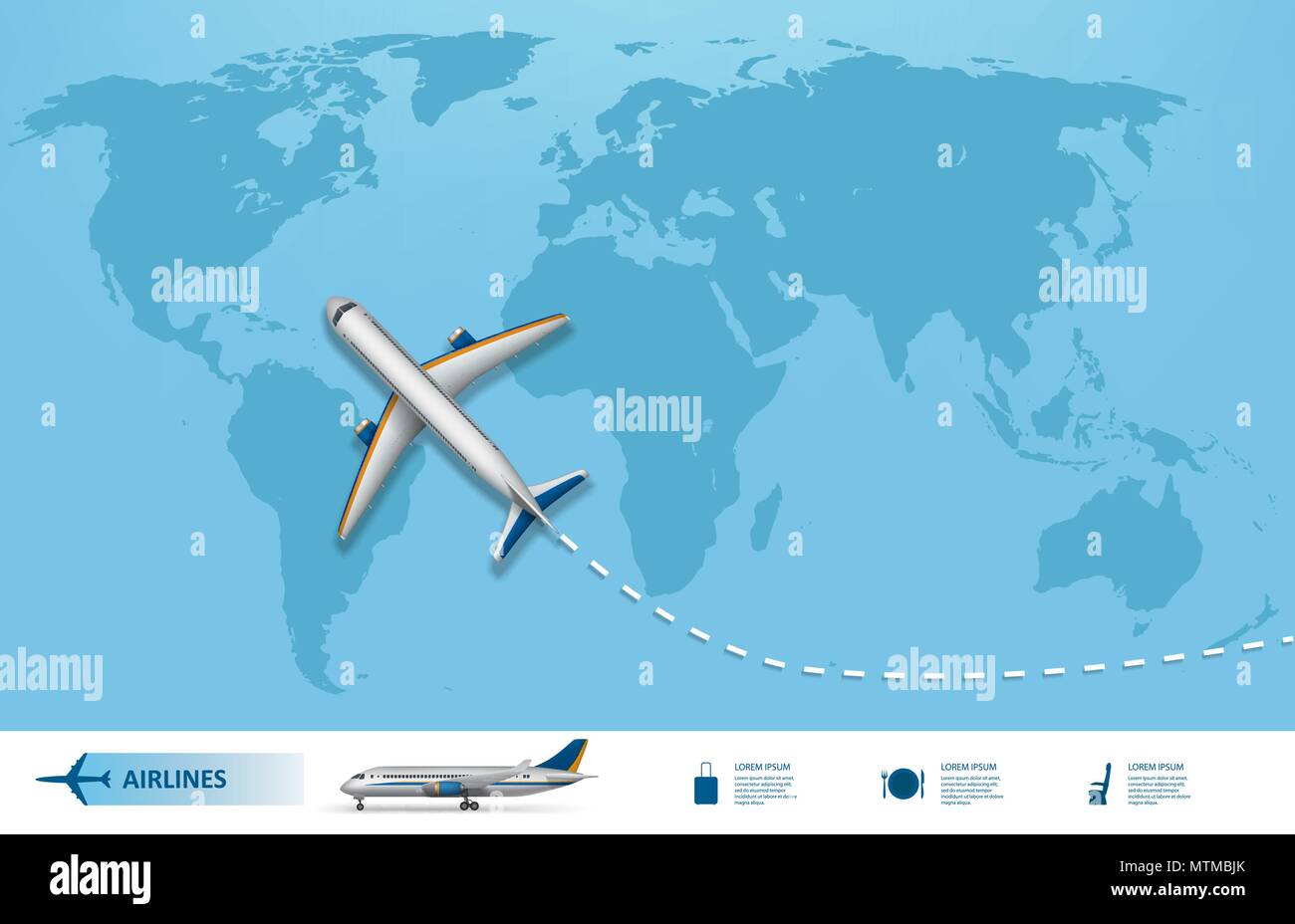 Geschäftsreise Banner mit Flugzeug- und Weltkarte Hintergrund. Realistische Flugzeug Travel Concept. Flug reisen Weltkarte Vector Illustration Stock Vektor