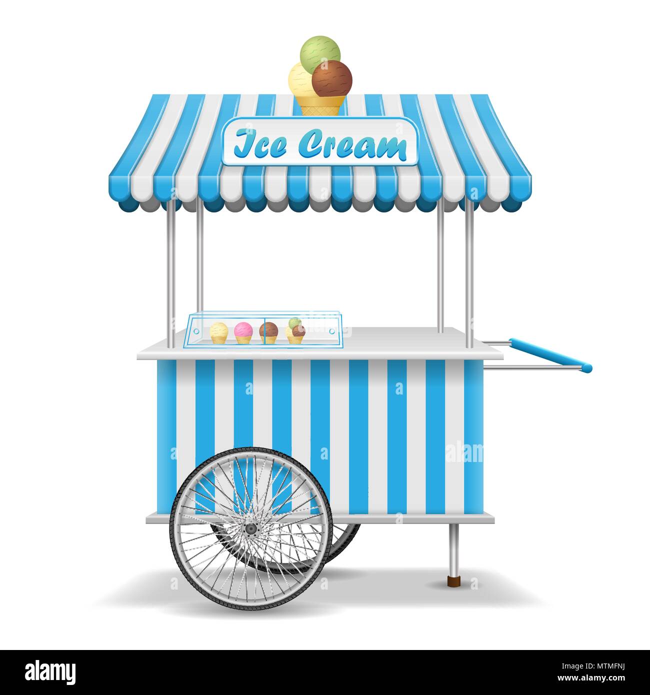 Realistische Street Food Warenkorb mit Rädern. Mobile rosa Eis markt Vorlage abgewürgt. Eis Kiosk Store mockup. Vector Illustration Stock Vektor