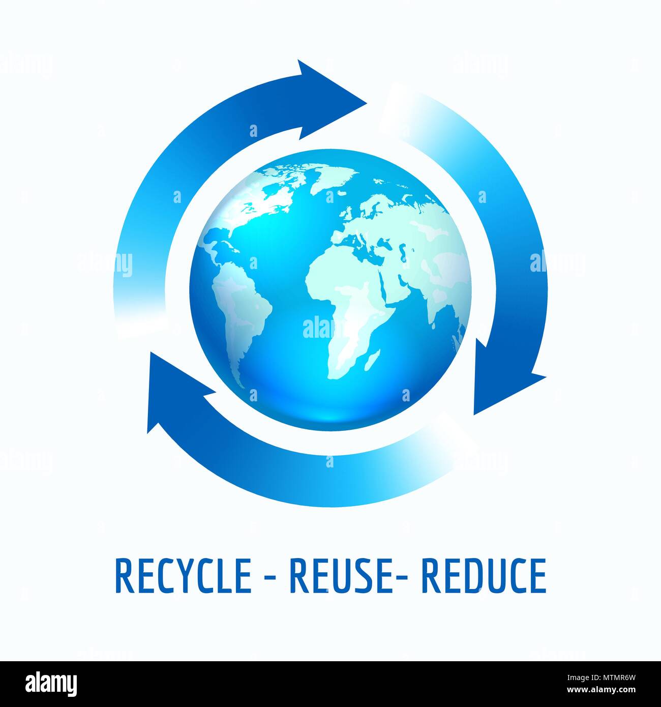 Planet Globus Erde mit blauen Pfeilen. Recycling, Wiederverwendung, Konzept reduzieren, Vektor, Abbildung Stock Vektor