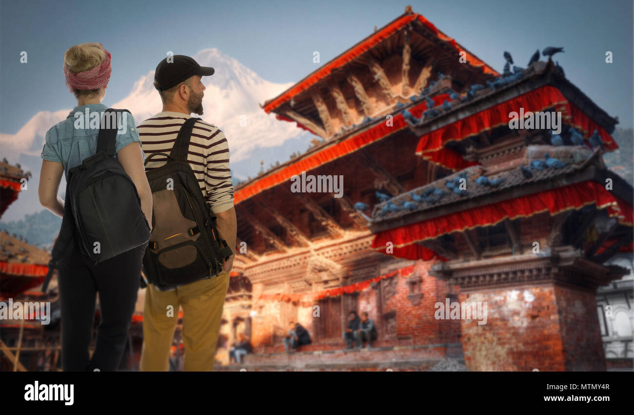 Ein Ehepaar von Touristen reisen in Kathmandu, Nepal. Stockfoto