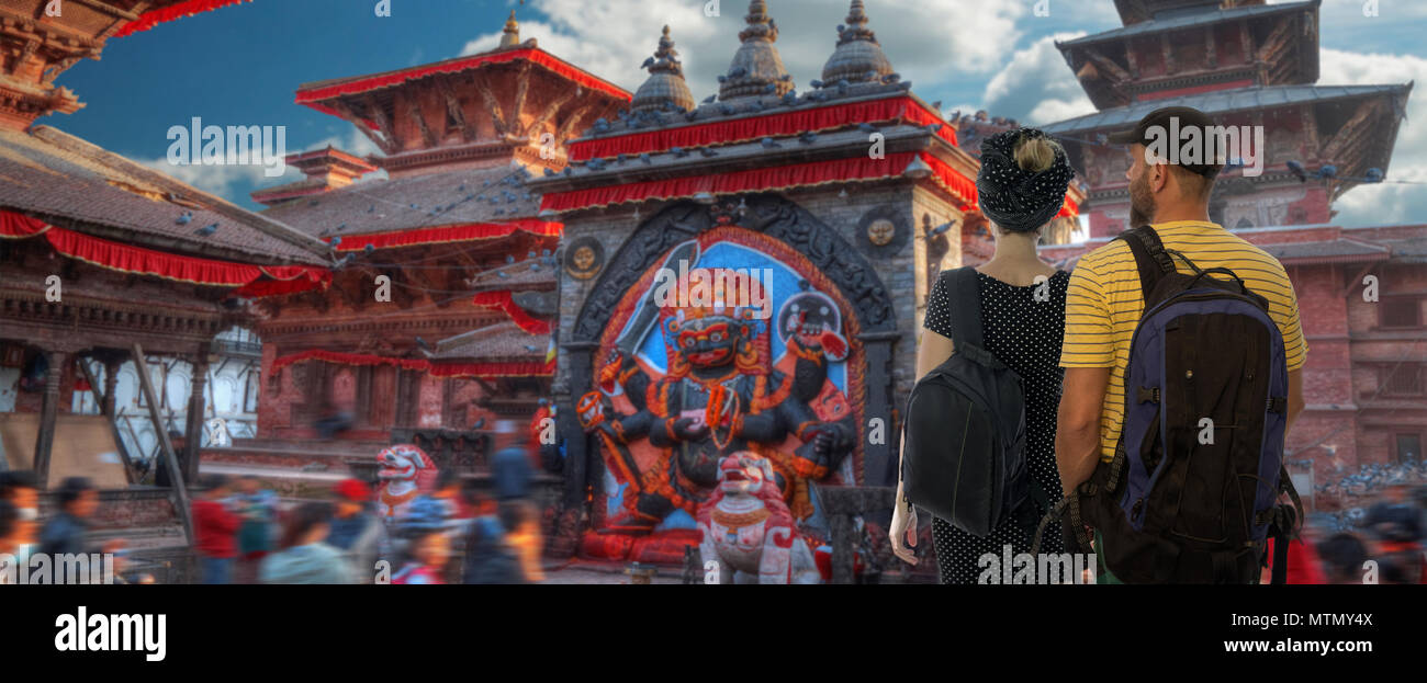 Ein Ehepaar von Touristen reisen in Kathmandu, Nepal. Stockfoto