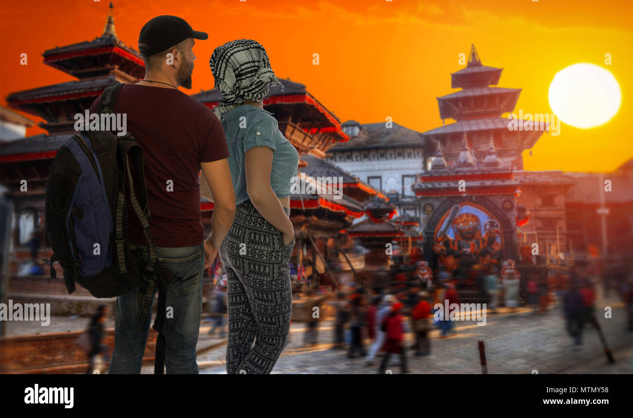 Ein Ehepaar von Touristen reisen in Kathmandu, Nepal. Stockfoto