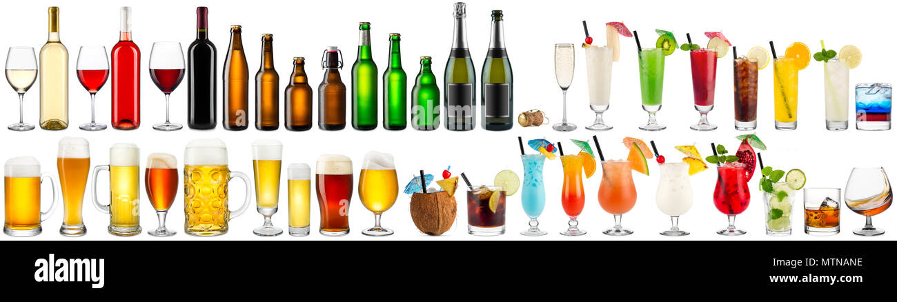 Umfangreiche Sammlung von Alkoholische Getränke Wein Sekt Bier bunte Cocktails Glas und Flaschen auf weißem Hintergrund Stockfoto