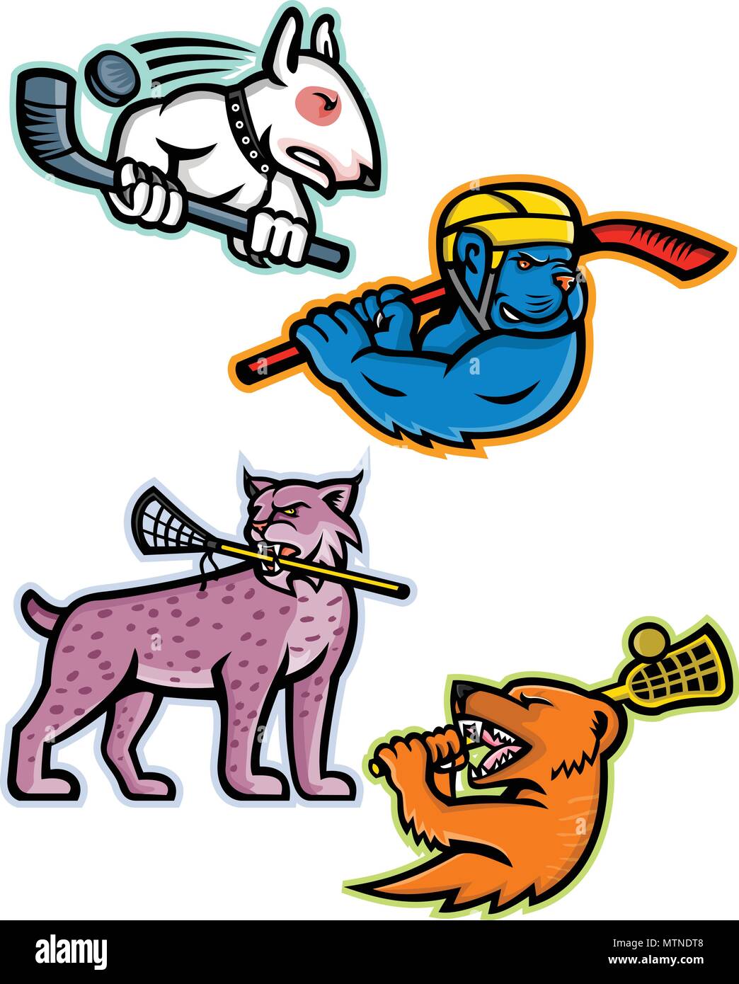 Maskottchen Symbol Abbildung von lacrosse und Eishockey Sport Sport Team Maskottchen wie ein Bull Terrier und American bully Hund Ice Hockey Player, l Stock Vektor