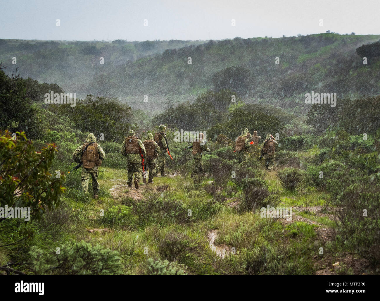 CAMP Pendleton, Calif (Jan. 23, 2017) - Matrosen zu Amphibischen Bau Bataillon 1 laufen in schlechtes Wetter Während auf Patrouille im Bereich Training (Ftx) 2017. FTX 2017 ist ein Szenario-basierte Übung entwickelt, Zug das Bataillon in Seabee bekämpfen Kriegsführung und zu testen. (U.S. Marine Foto von Mass Communication Specialist 2. Klasse Eric Chan/Freigegeben) Stockfoto