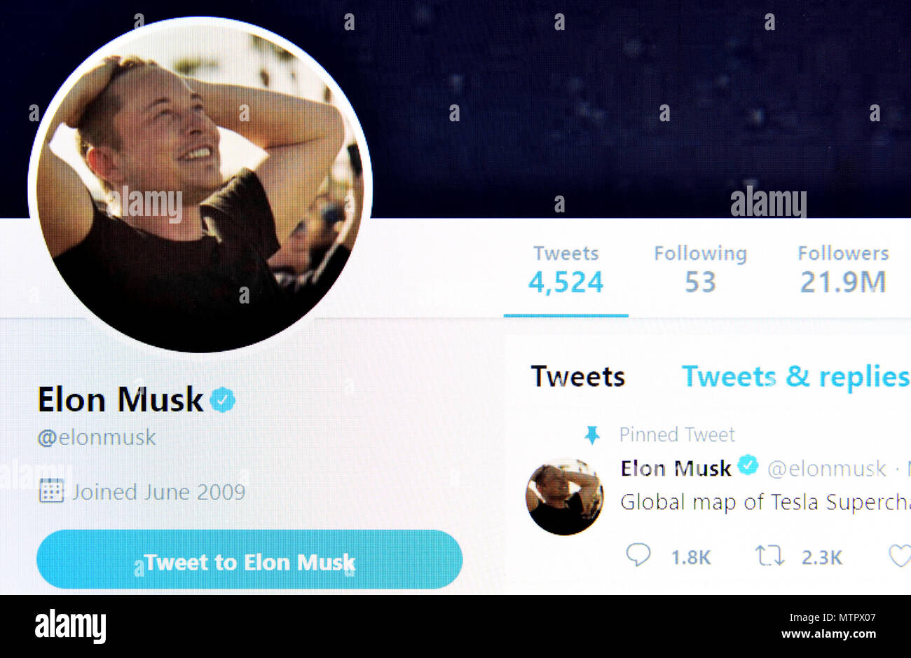 Elon Musk Twitter Seite (2018) Stockfoto