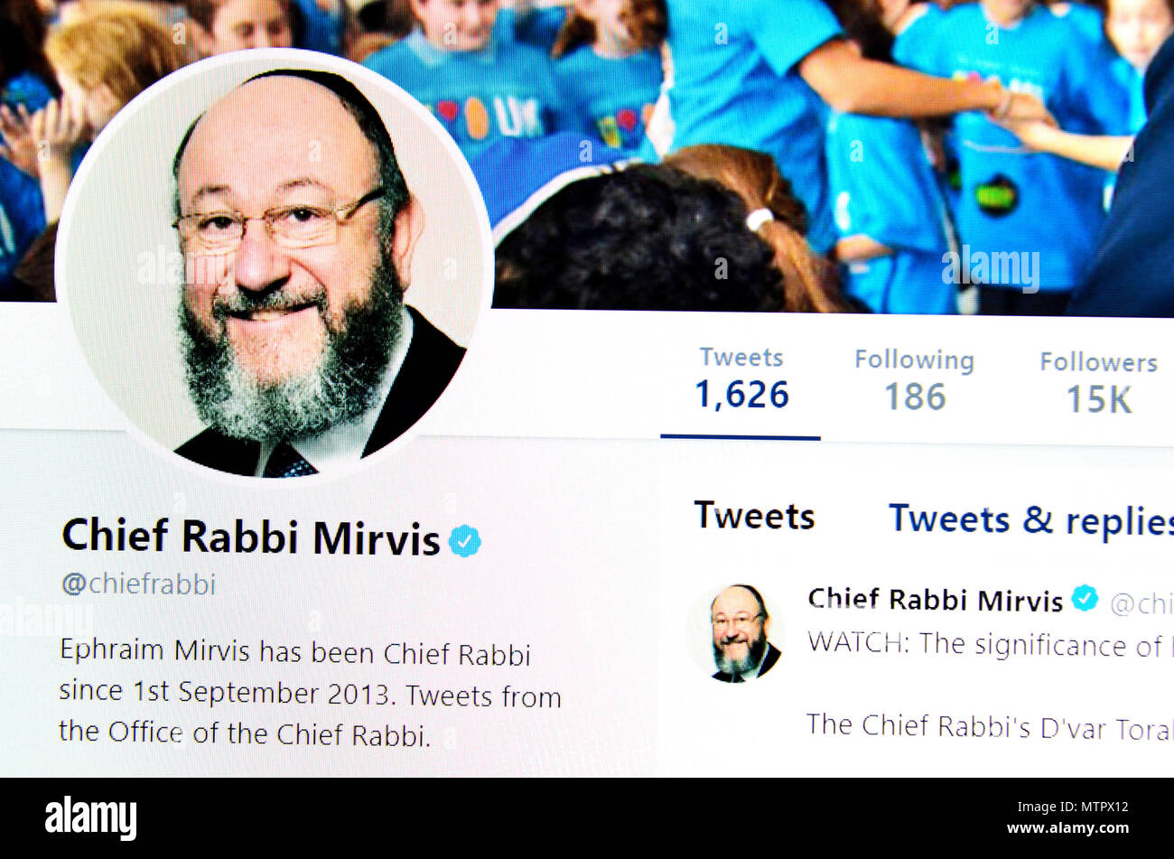 Chief Rabbi Ephraim Mirvis' Twitter Seite (2018) Stockfoto