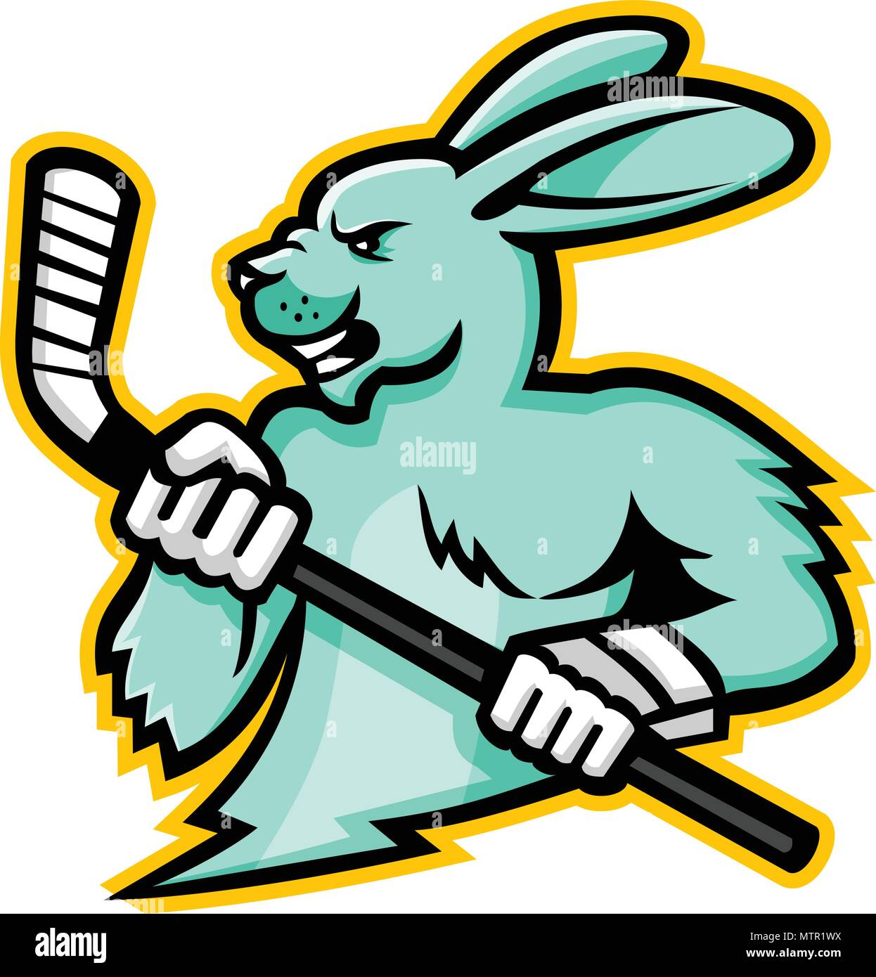 Maskottchen Symbol Abbildung: Leiter der Hase, Hasen oder Kaninchen  Eishockey Spieler mit einem Ice Hockey Stick von der Seite auf isolierten  Hintergrund betrachtet Stock-Vektorgrafik - Alamy