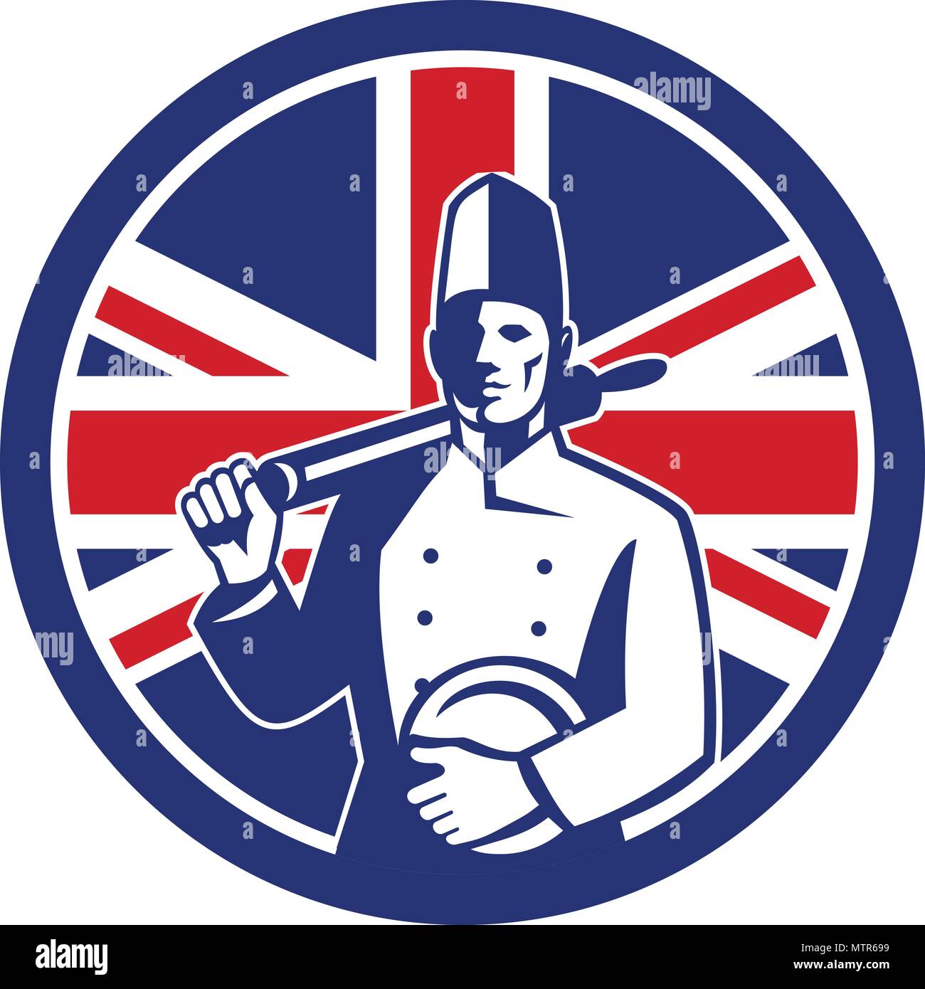 Symbol Retro Stil Abbildung: Eine britische Bäcker, Koch oder Köchin mit einem Nudelholz und Platte mit Vereinigtes Königreich Großbritannien, Großbritannien Union Jack Flag s Stock Vektor