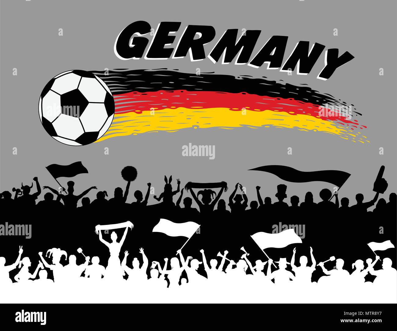 Deutschland Fahne Farben mit Fußball und Deutsche Anhänger Silhouetten. Alle Objekte, Pinselstriche und Silhouetten sind in verschiedenen Schichten und der Stock Vektor