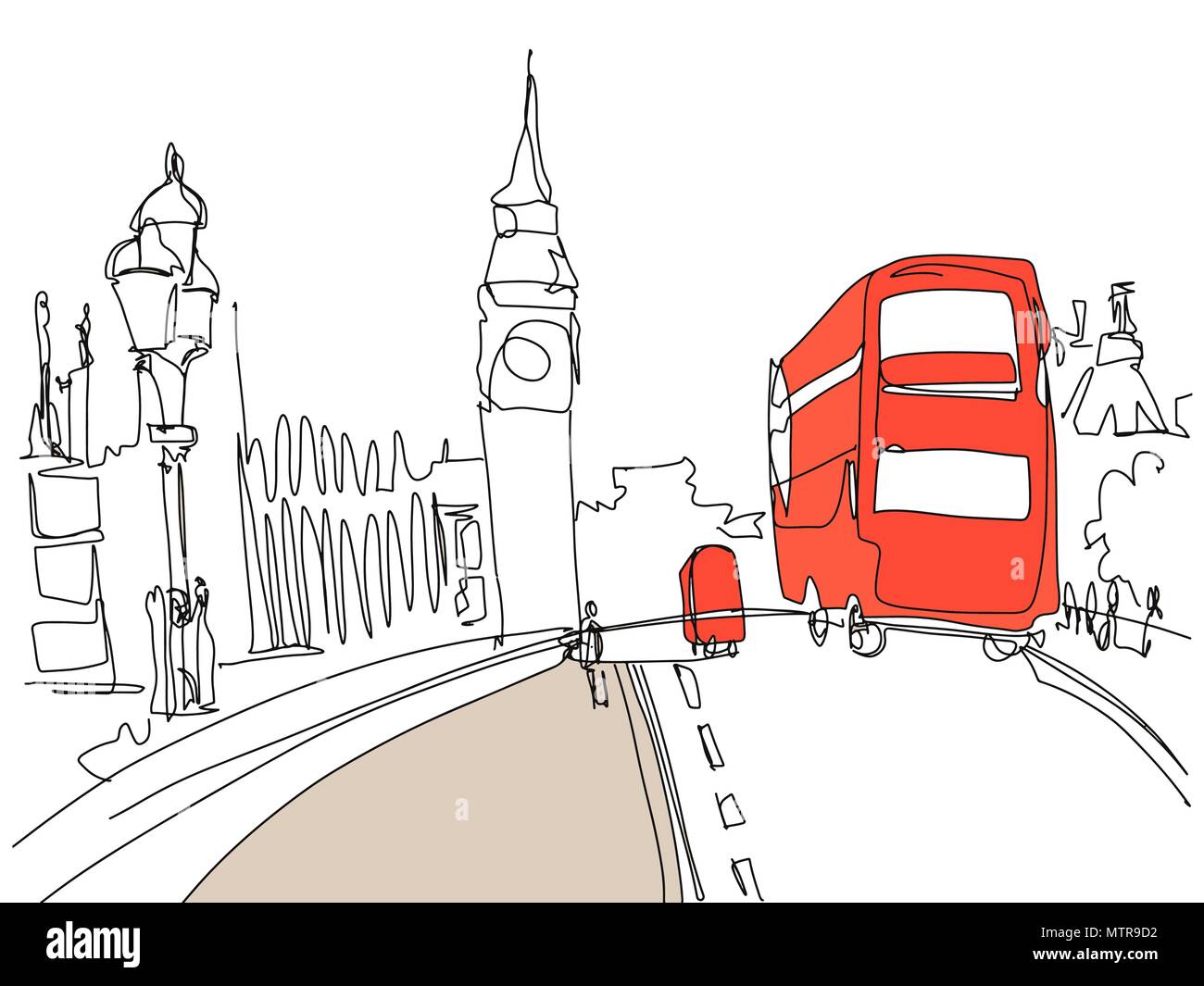 Zeichnung von London Tower Street mit roten Bus und Big Ben Stock Vektor