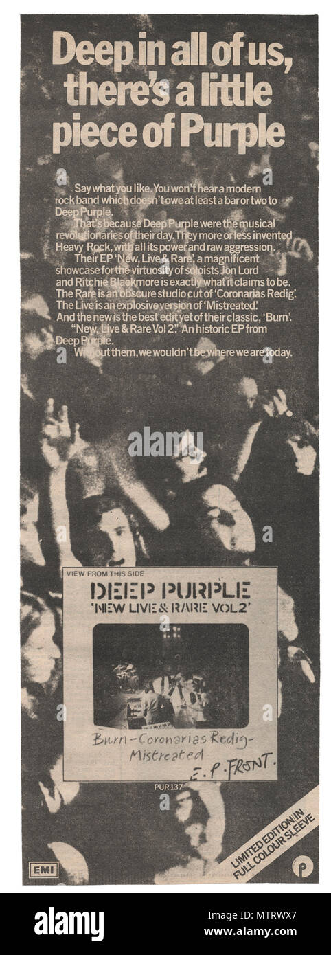 Deep Purple Drücken Sie Anzeige, Anzeige für Alben der Band aus den 70er und 80er Jahren. Diese Werbung erschien in der Britischen Musik Papiere und Deep Purple Alben in ihrem ursprünglichen Kontext zeigen. Enthält einige ihrer berühmtesten Titel einschließlich Rauch auf dem Wasser und Machine Head. Diese Anzeige wurde für ein seltenes Bild Muffe 7" Vinyl EP Neue Leben und selten, 1977 auf dem Höhepunkt des Punk Ära ausgestellt! Es enthielt eine Version ihrer 1970 schlug zurück Nacht. Es erreicht 31 in den britischen Charts. Stockfoto