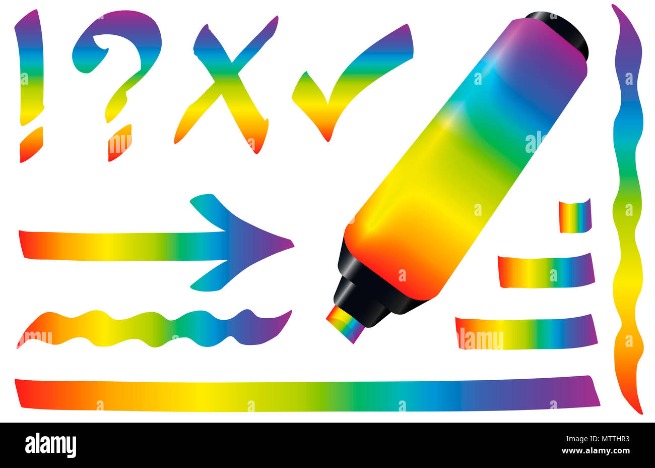 Regenbogenfarbige Textmarker. Helle Marker Pen plus Anschläge, bunten Spektrum Farben zu merken wichtiger Text hervorheben und unterstreichen. Stockfoto