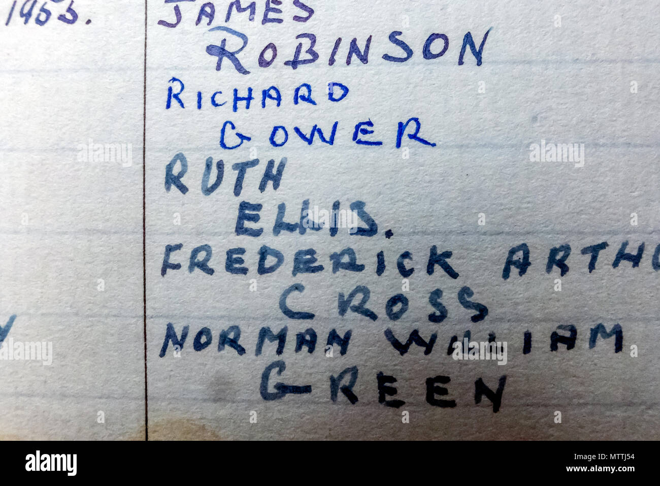 Notebook vom Albert Pierrepoint, die meisten berühmten Henker in Großbritannien, darunter seinen Eintrag für Ruth Ellis, die an der Auktion im Sommer angeboten. Stockfoto