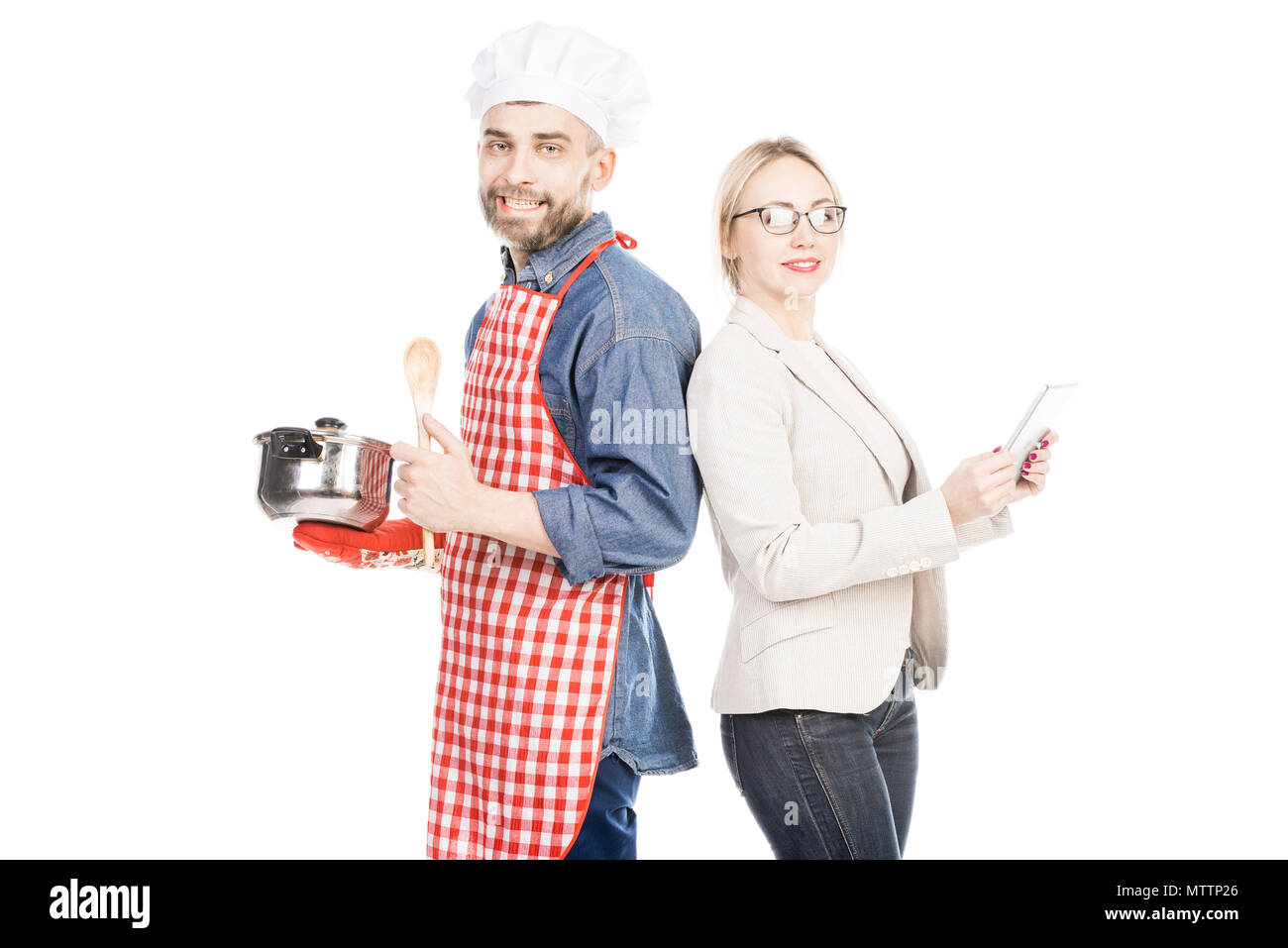 Happy Chef mit erfolgreichen Frau Stockfoto