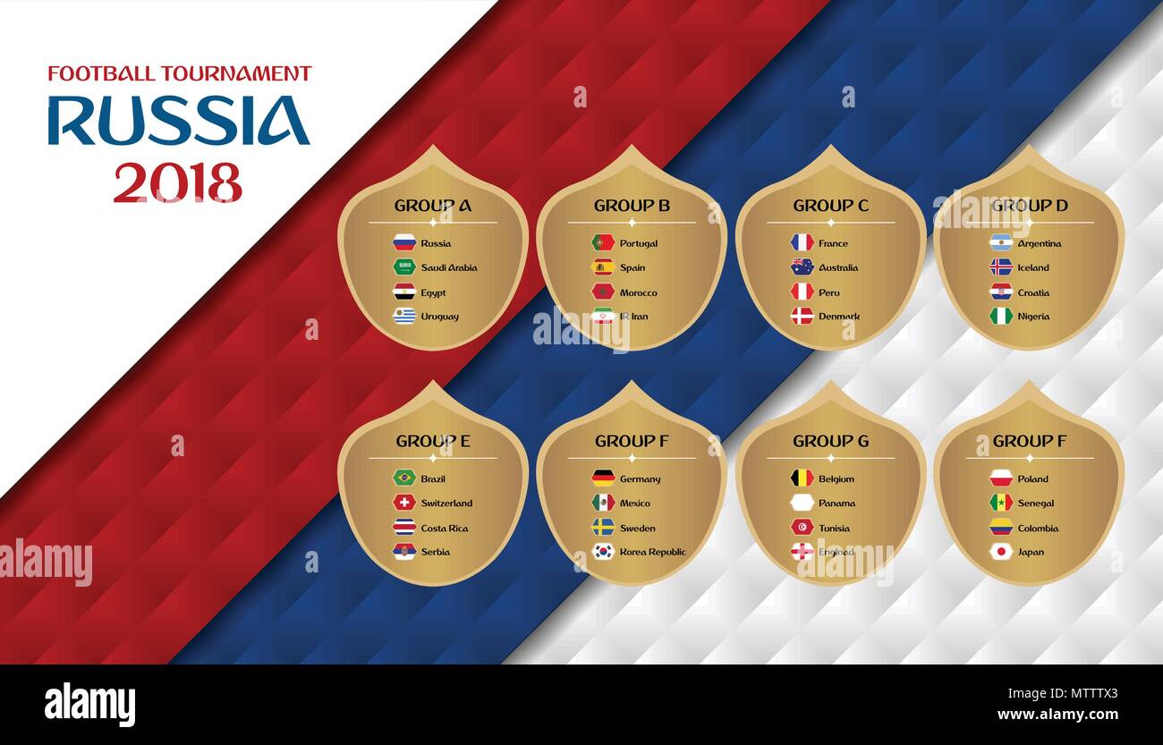 Fußball-Turnier in Russland 2018 Gruppen. Design Template mit Flaggen. Vector Illustration. Stock Vektor