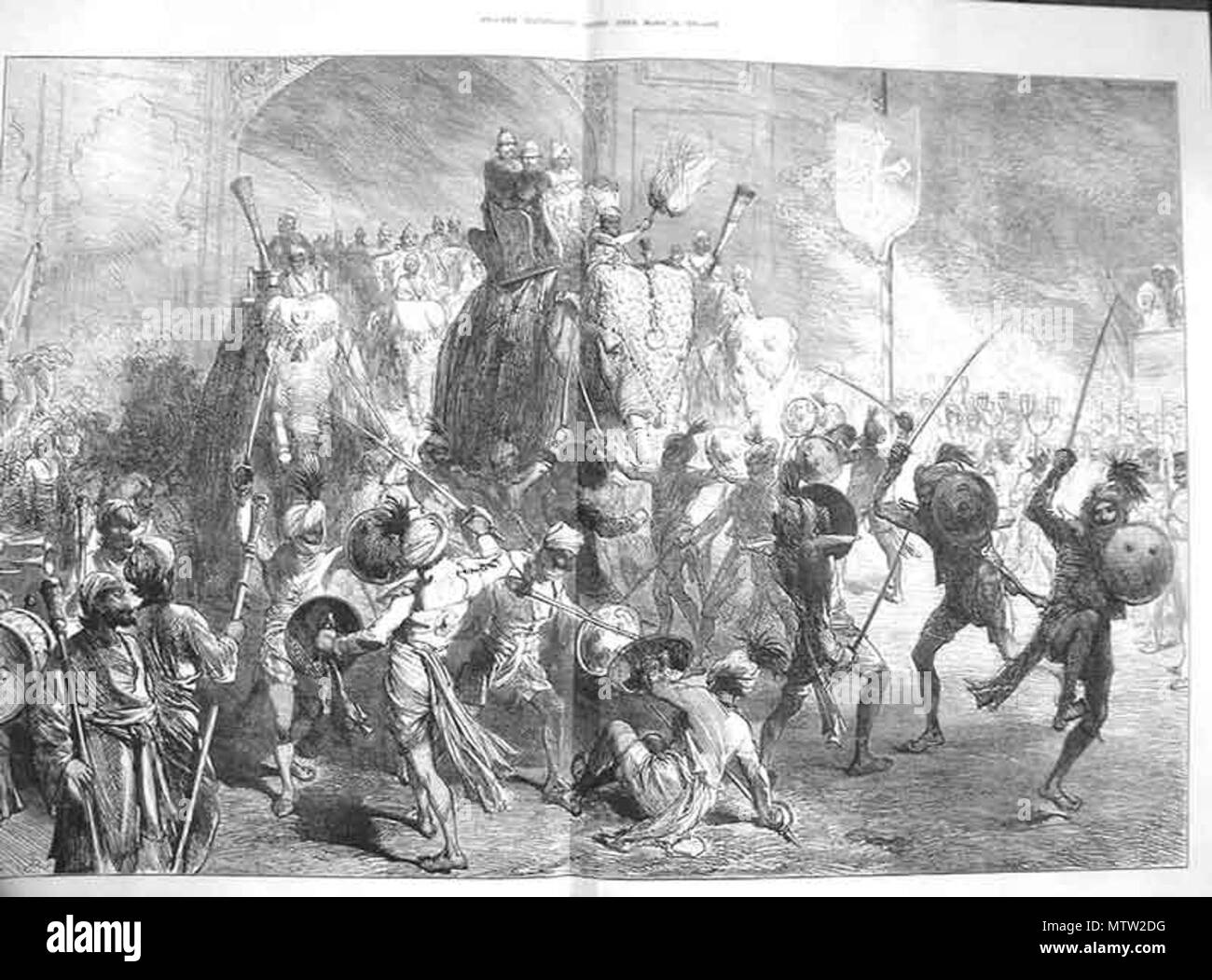 . Englisch: ein Naga Krieg Tanz zu Ehren des Besuchs des Prinzen von Wales nach Jaipur, 1876, von der Illustrated London News; * eine ähnliche Auffassung von der Grafik, 1876 * Quelle: ebay, Dez. 2002. 21876. Illustrated London News 436 Nagajaipur Stockfoto