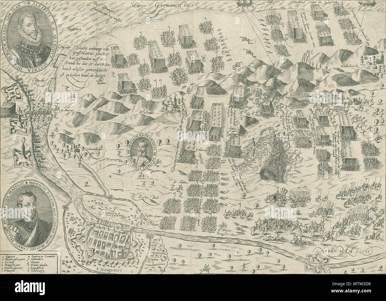 . Englisch: Schlacht von Nieuwpoort, 1600. Gravur. 316 × 445 mm. Amsterdam, Rijksmuseum Amsterdam, Drucke, Frederik Mullen Historieplaten (Inv.-Nr. RP-P-OB -77.515). Nederlands: Slag bij Nieuwpoort, 1600. Tiefdruck. 316 × 445 mm. Amsterdam, Rijksmuseum Amsterdam, Prenten, Frederik Mullen Historieplaten (Inv. nr. RP-P-OB -77.515). 1600. Anonym 444 Nieuwpoort 1. Stockfoto