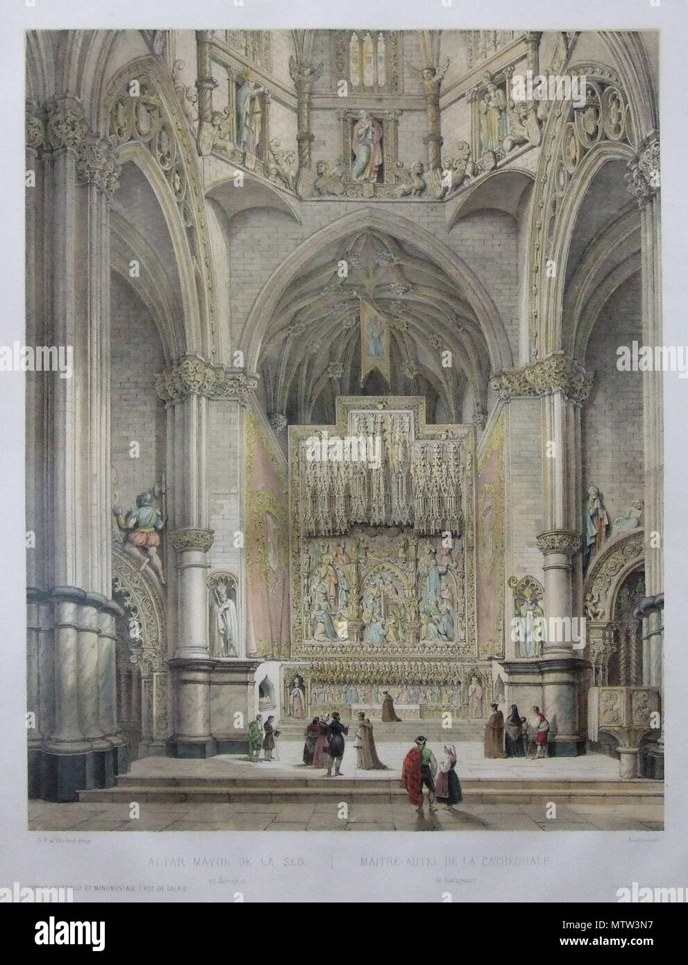 . Español: Capilla Mayor de la Catedral de El Salvador (1842) Autores Jenaro Pérez Villaamil (dib). y Alfred Guesdon (lit.) Archivo Municipal, Zaragoza. 1842. Ecelan 659 Zaragoza - La Seo - retablo Mayor Stockfoto