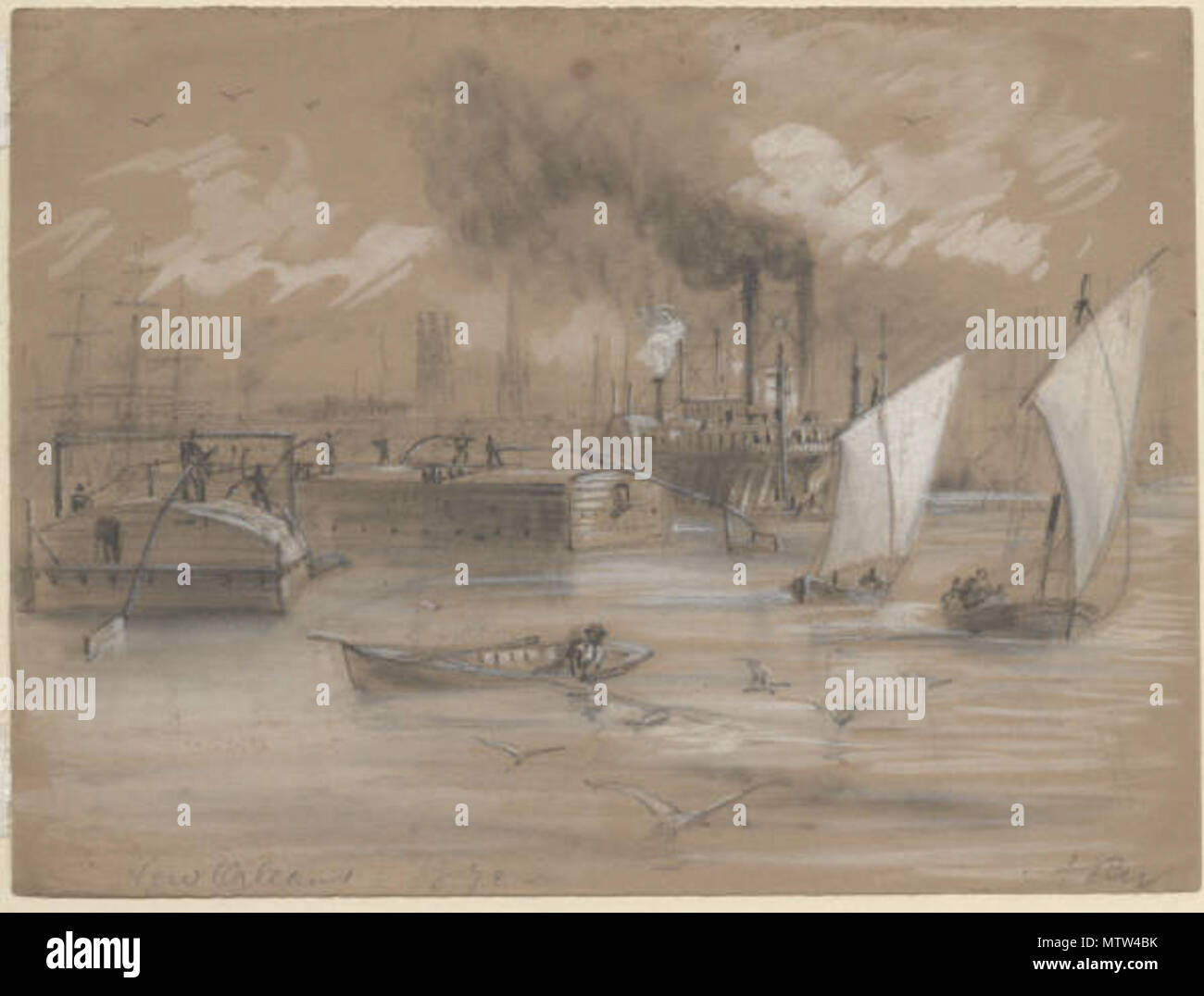 . "Der Mississippi bei New Orleans, 1872 Skizze von Alfred R. Waud. Zeigt verschiedene Schiffe im Fluss, darunter ein schaufelrad Dampfer, verschiedene cargo Boote, Segelboote und ein Ruderboot. Im Hintergrund ist die Skyline des Warehouse District/American Quarter, die Türme der St. Patrick's Kirche und der alten Ersten Presbyterianischen Kirche am Lafayette Square deutlich sichtbar. 1872. Alfred Rudolph Waud, 1828-1891 522 RiverboatsMississippiAtNewOrleansWaud Stockfoto