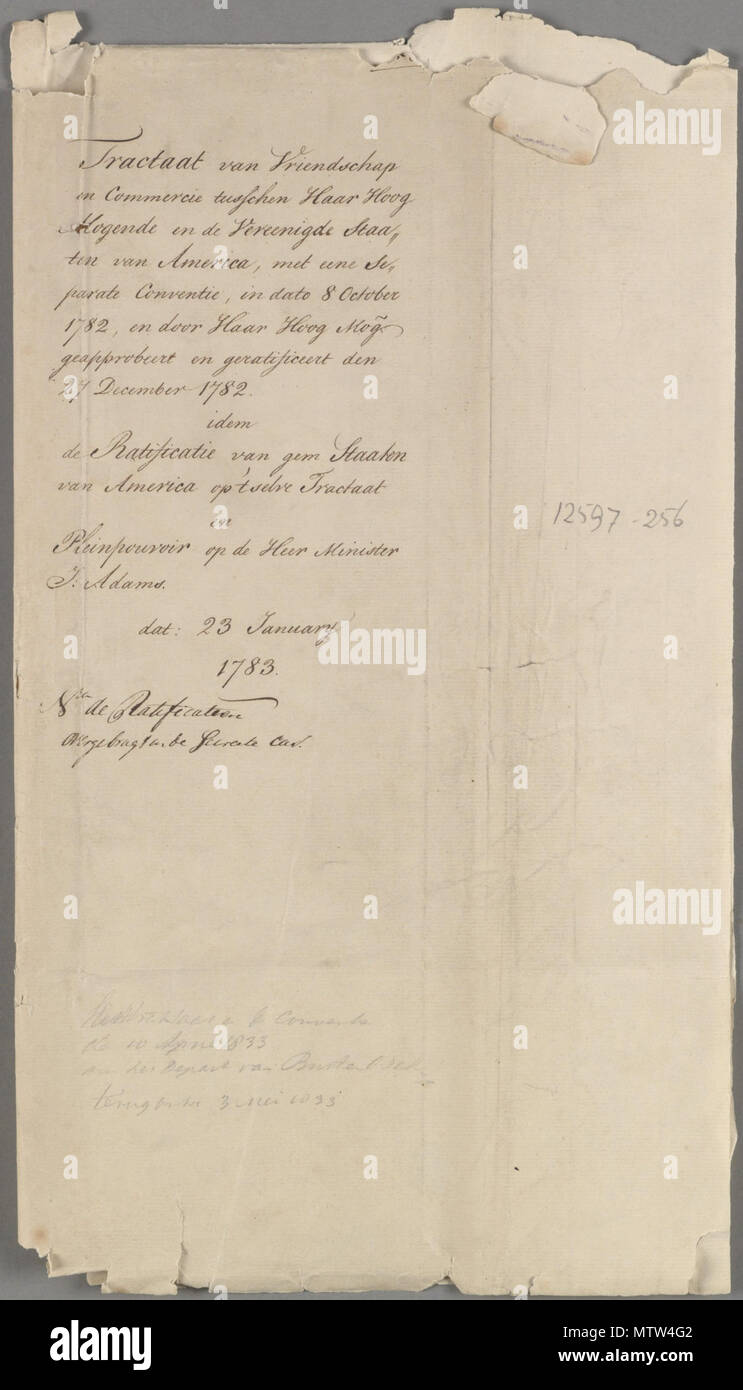 . Nederlands: Akte van traktaat van vriendschap De commercie een separate conventie te 's-Gravenhage gesloten tussen de Staten-Generaal en De Verenigde Staten van Amerika erfüllt. Met bijlagen, 1780, 1782. 8. Oktober 1782. 24 März 2014, 11:38:54. Nationaal Archief, Staten Generaal 447 NL-HaNA 1.01.02 12597.256 A01 Vriendschapsverdrag met de Verenigde Staten Stockfoto