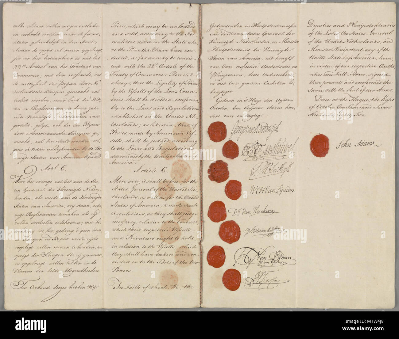 . Nederlands: Akte van traktaat van vriendschap De commercie een separate conventie te 's-Gravenhage gesloten tussen de Staten-Generaal en De Verenigde Staten van Amerika erfüllt. Met bijlagen, 1780, 1782. 8. Oktober 1782. 24 März 2014, 11:39:18. Nationaal Archief, Staten Generaal 447 NL-HaNA 1.01.02 12597.256 22 Vriendschapsverdrag met de Verenigde Staten Stockfoto