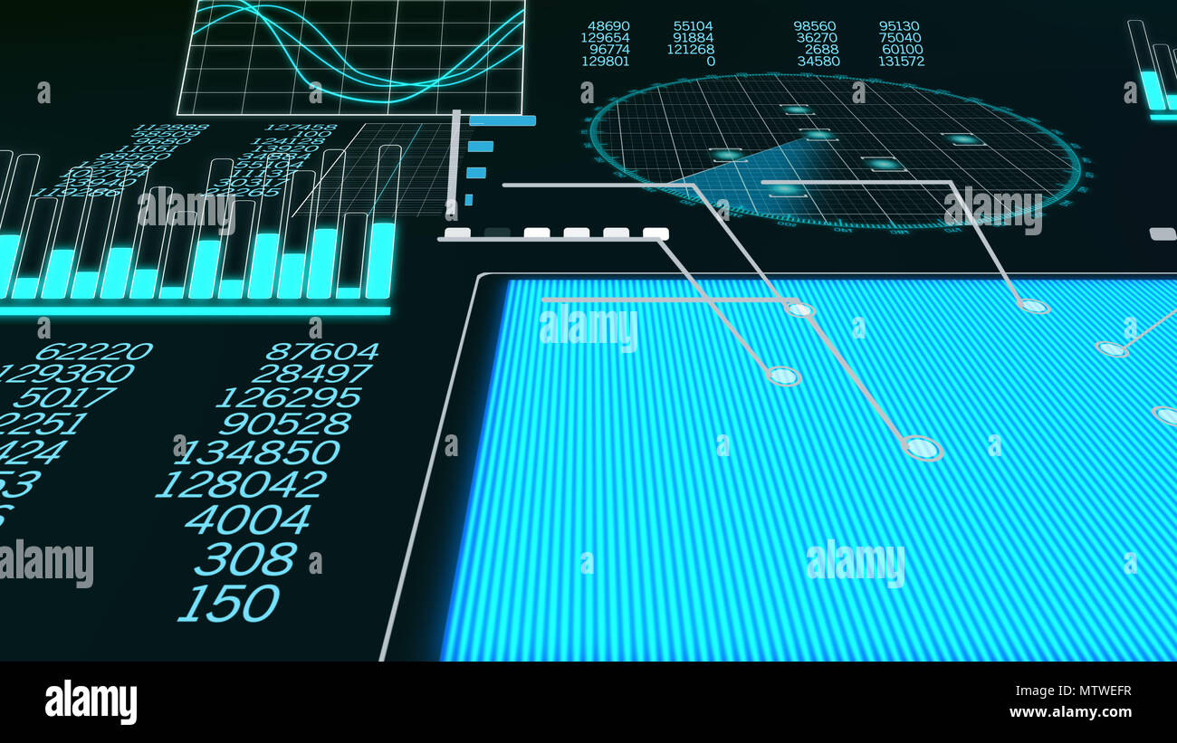 Ein modernes 3D-Darstellung einer Ebene Scanner mit einem blauen Quadrat, Spalten von 5-stelligen Nummern, Histogramme, Sinusoids, Kreis- und Balkendiagramme, und eine Runde Stockfoto