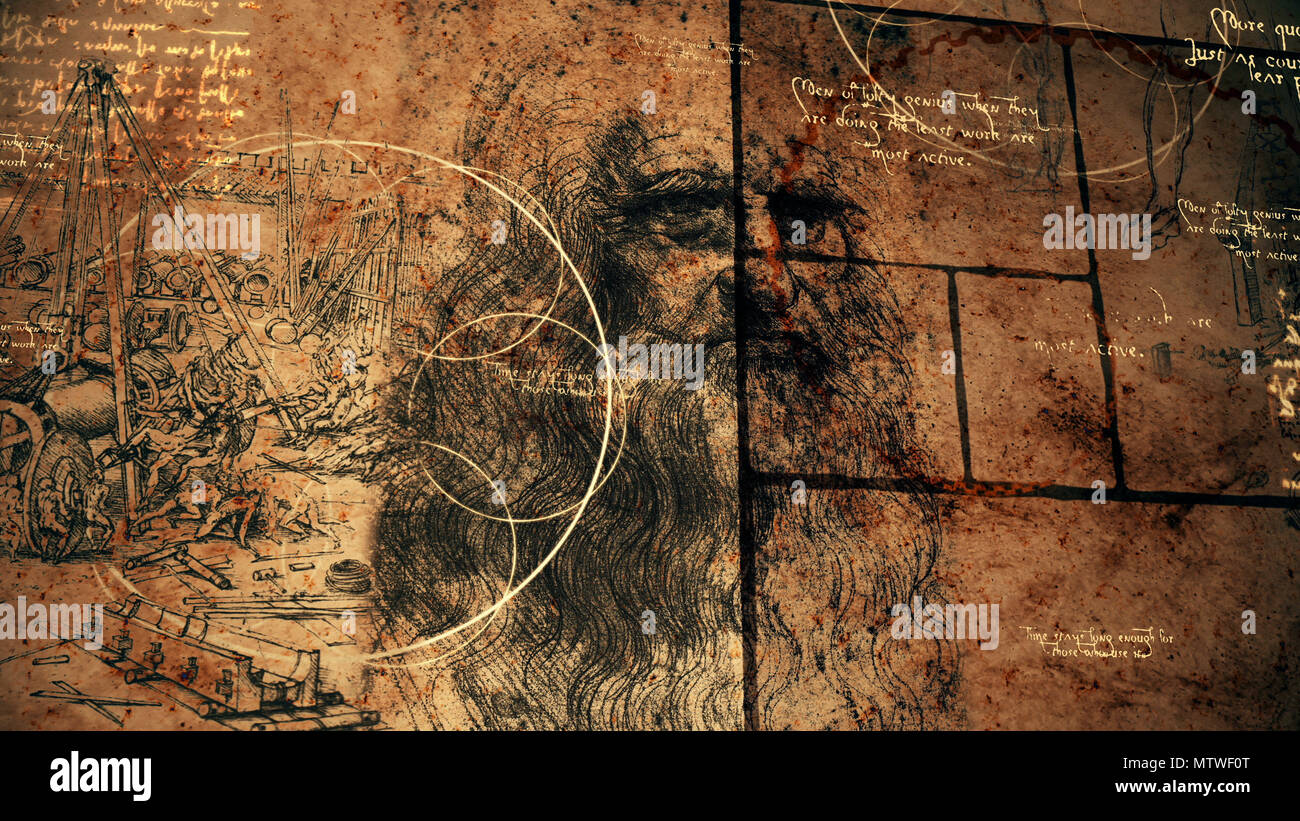 Eine atemberaubende 3D-Abbildung der Code Da Vinci in einem goldenen Spirale entziffert, schwarze Quadrate, helle Zitate und das Porträt der alten bärtigen Italia Stockfoto