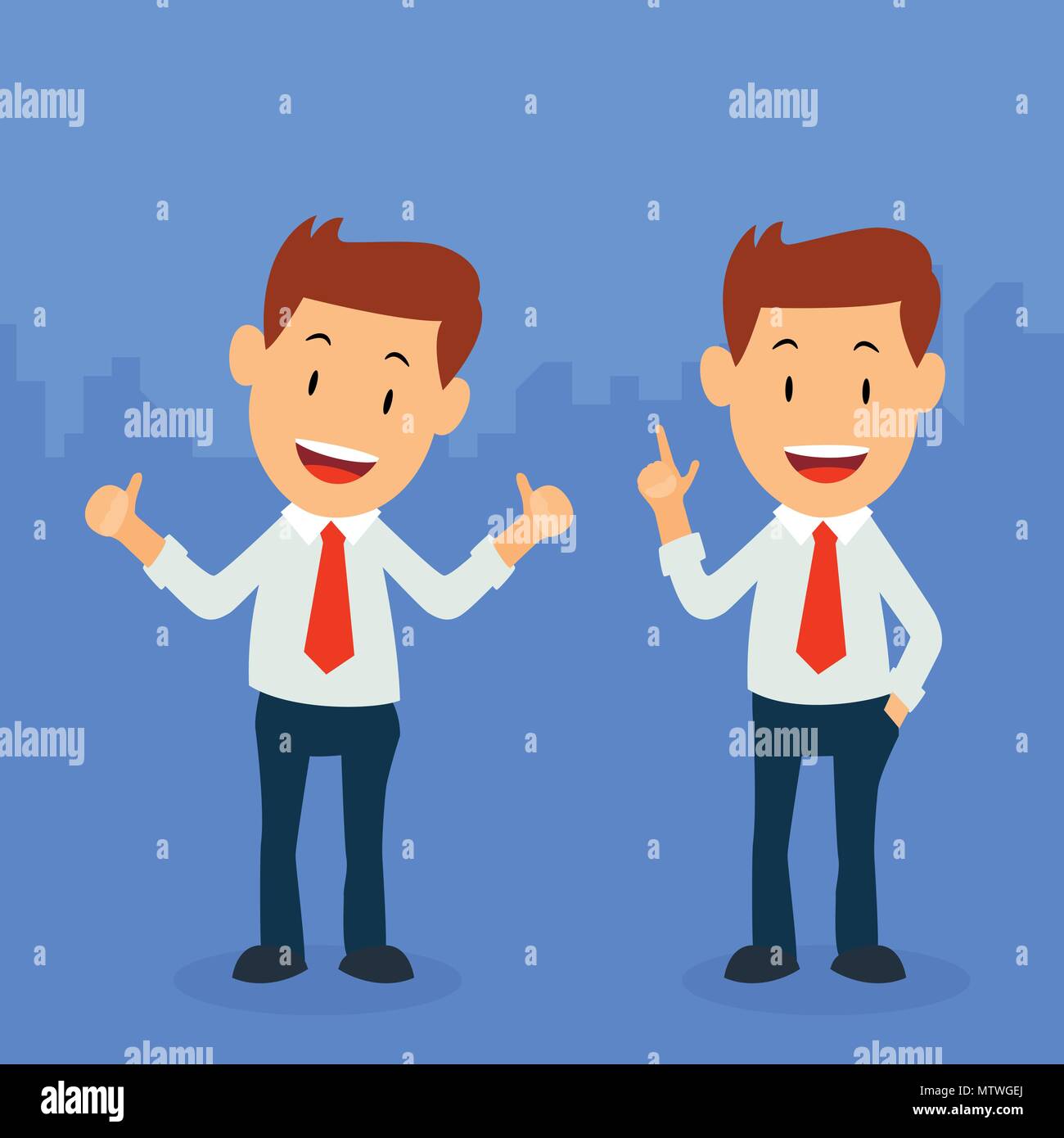 Ständigen Geschäftsmann mit verschiedenen Maßnahmen, Büroangestellter in eleganten grauen Anzug mit Waffen in den Taschen. Vector Illustration. Stock Vektor