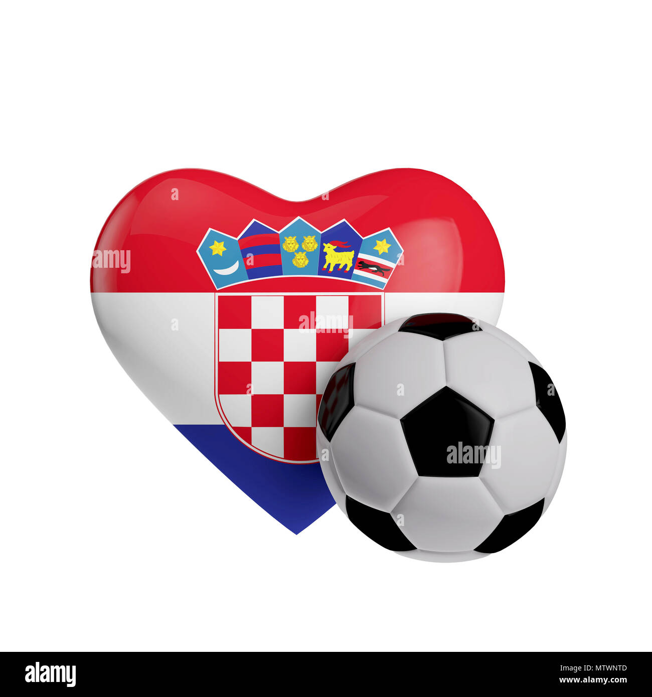 Kroatien Flagge Herzform mit einem Fußball. Lieben Fußball. 3D-Rendering Stockfoto