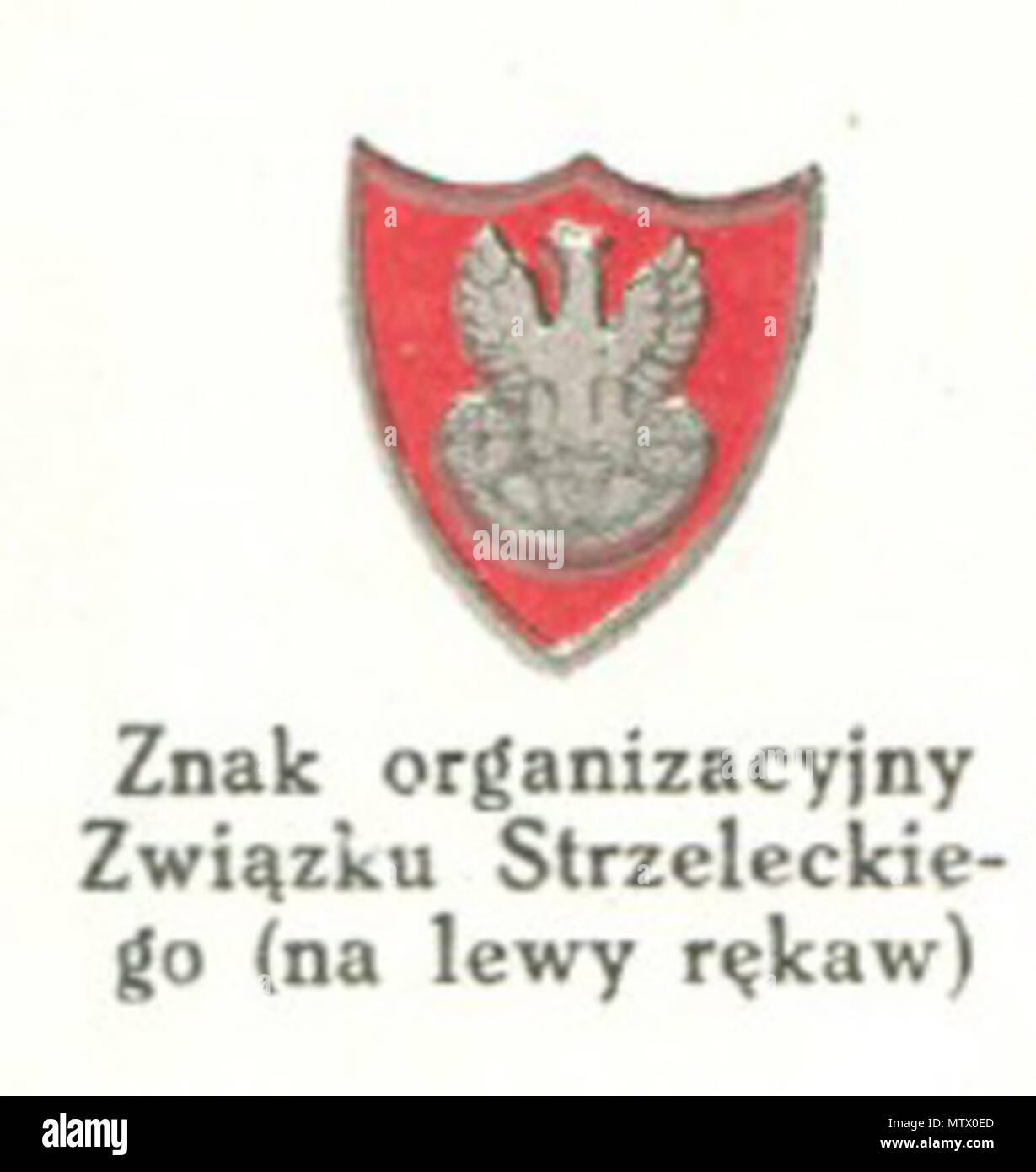 . Polski: "Znak" organizacyjny Związku Strzeleckiego (noszony na lewym rękawie). Rok 1935. 1935. Stanisław Pęczkowski, Stanislaw Bieńkowski, Stanislaw Haykowski 461 Oznaka strzelec 1935 Stockfoto