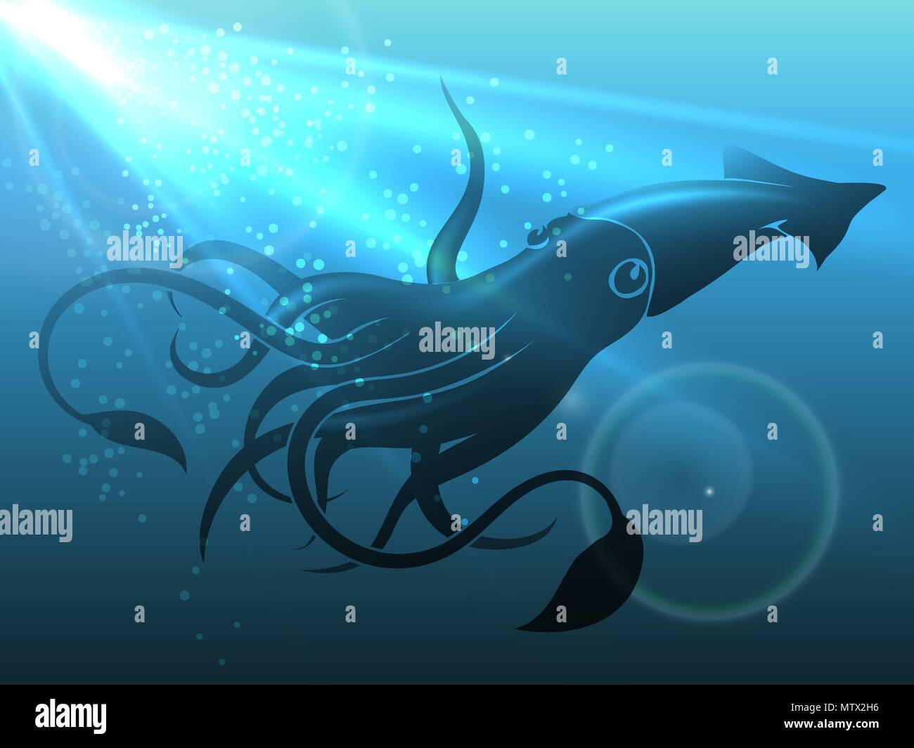 Giant Squid im tiefen Wasser. Vector Illustration. Stock Vektor