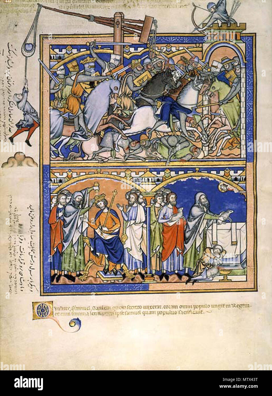 . Saul Slaying Nahas und die Ammoniter und Samuel salbt Saul und Opfer für den Herrn. Maciejowski Bibel. 1240 s. Anonym 424 Morgan Bild Bibel 001 Stockfoto