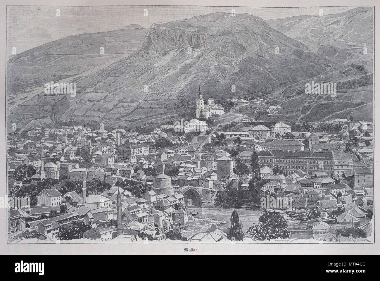 . Englisch: Blick auf Mostar, ca. 1900. English: Stadtansicht von Mostar um 1900. 1900. Rudolf Bernt (Bild), Lysippos (Foto) 426 Mostar Historische Ansicht Stockfoto