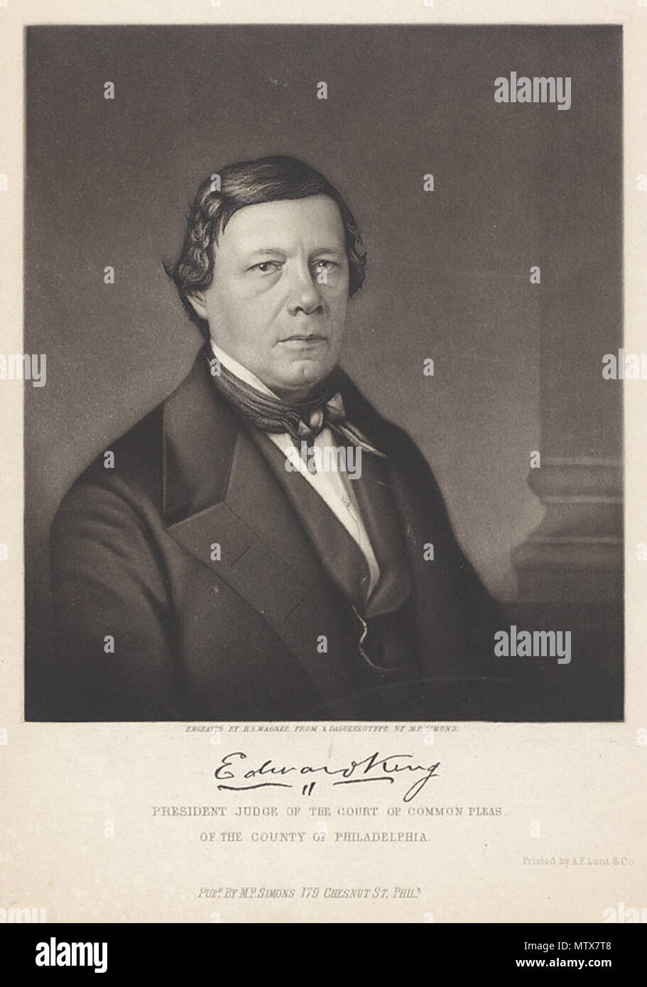 . Edward König (1794-1873). Zeitgenössisches Porträt. Kupferstich von Henry S. Wagner (Fl. 1850), nach einem Gemälde von Montgomery S. Simons (1817-1877) 328 JudgeEdwardKing Stockfoto