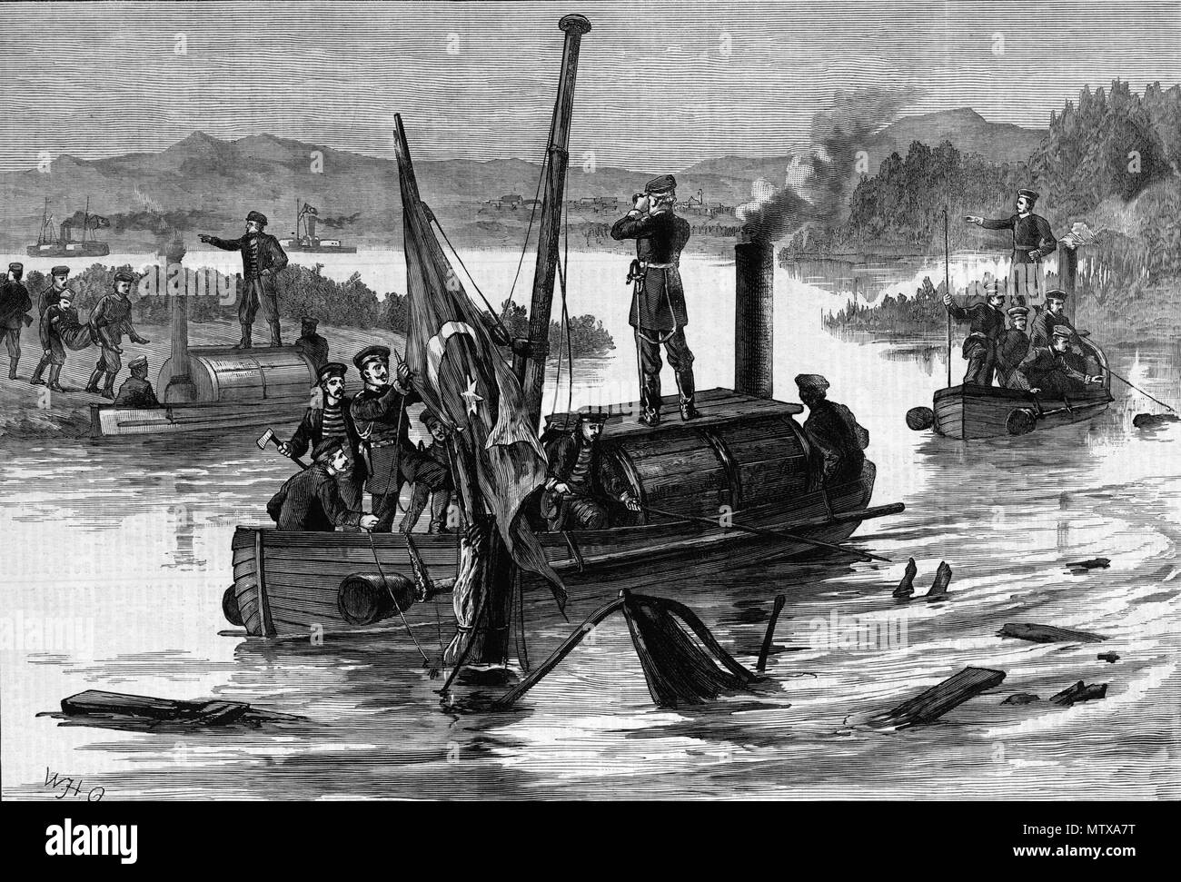 . Russische Offiziere die osmanischen Flagge von der Lufti Djelil, Türkische Kanonenboot, in der Nähe von Braila versenkt. 2. Juni 1877. Die Illustrated London News Personal 532 russische Offiziere, die den osmanischen Flagge von der Lufti Djelil, in der Nähe von Braila gesunken Stockfoto