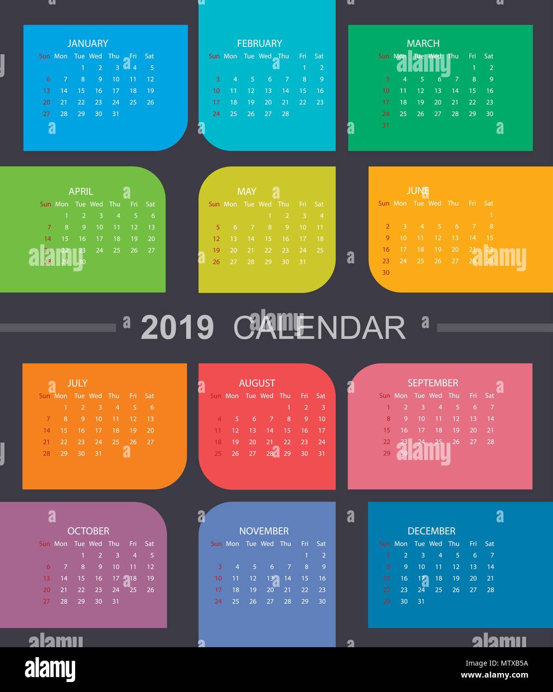 Bunte Kalender 2019 Woche Beginnt Am Sonntag Vektor Abbildung