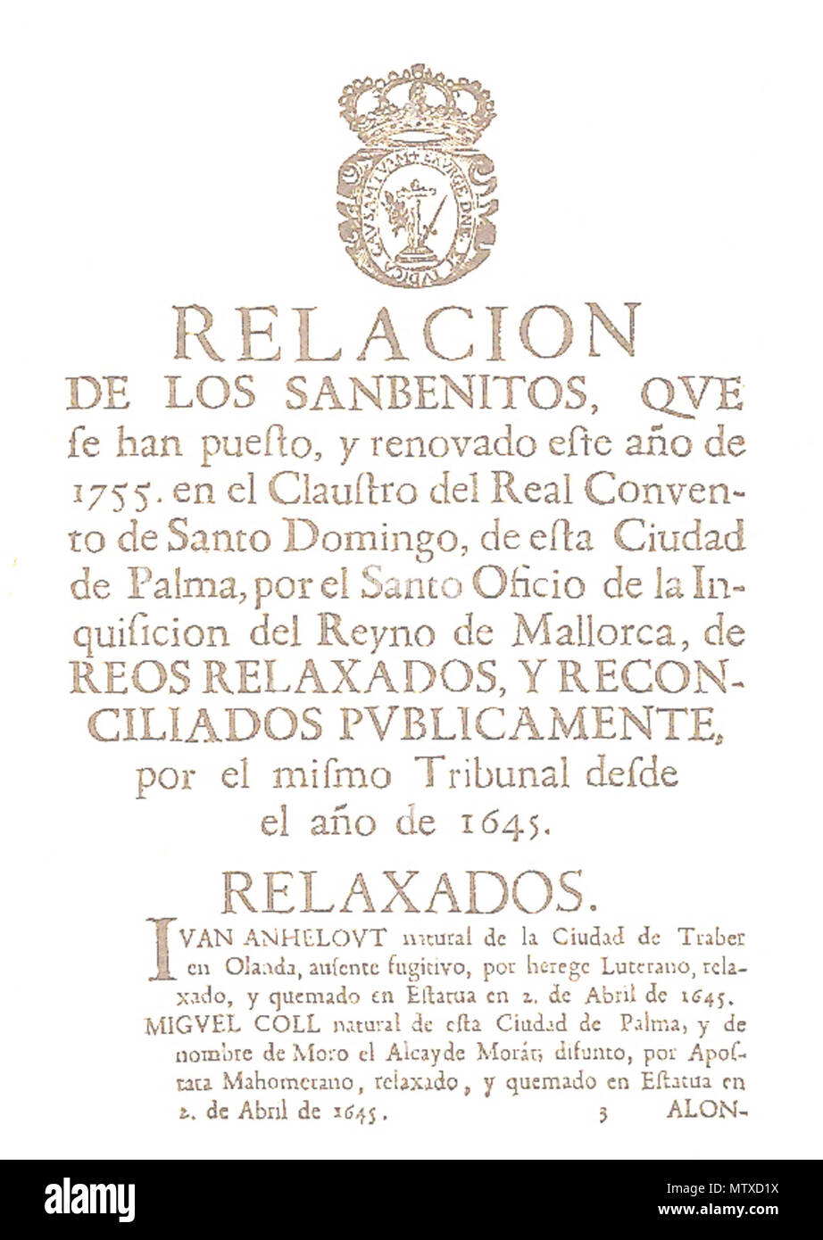 . Deutsch: Portada de la'relación de Sanbenitos de Mallorca" 1755. 25. Juli 2009. 541 Sanbenets Lliura Stockfoto