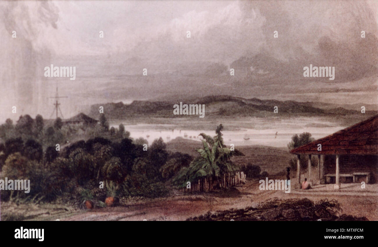 . Englisch: Quelle: Http://www.penangmuseum.gov.my/museum/sites/default/files/portfolio images/R204 b.jpg Titel: Blick von Rekonvaleszenten, Penang "Pulo Pinang" Media: Farbige Gravur Breite: 184 mm (7.2 in.) Höhe: 113 mm (4.4 in) Jahr der Gründung: 1835. 1835. Penang State Museum und Kunstgalerie 475 Penang Museum historische Malerei R204 b Stockfoto