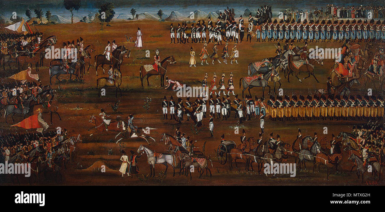 . Diese Datei wurde hochgeladen mit Commonist. Persische Soldaten aus dem 19. Jahrhundert Öl auf Leinwand. 203 x 415 cm. Iran. Qajar Dynastie. Ca. 1815/1816. Eine multifigure Zusammensetzung breitet sich über diese riesige Leinwand, die eine wahre Begebenheit, die sich in den Ujan Tal im Juli 1813 nahm: die Erbin der iranischen Thron, Abbas Mirza, seinem Vater, Fath Ali Schah, die reguläre Armee, Neu entlang der Europäischen Linien durch Englische und Französische Ausbilder neu strukturiert angezeigt. In der oberen Hälfte des Bildes, links von der Mitte, ist ein Reiter in Rot, Fath Ali Schah selber, und am Fuß der sein Pferd eine Abbildung in rosa Niederwerfungen auf der Stockfoto . Diese Datei wurde hochgeladen mit Commonist. Persische Soldaten aus dem 19. Jahrhundert Öl auf Leinwand. 203 x 415 cm. Iran. Qajar Dynastie. Ca. 1815/1816. Eine multifigure Zusammensetzung breitet sich über diese riesige Leinwand, die eine wahre Begebenheit, die sich in den Ujan Tal im Juli 1813 nahm: die Erbin der iranischen Thron, Abbas Mirza, seinem Vater, Fath Ali Schah, die reguläre Armee, Neu entlang der Europäischen Linien durch Englische und Französische Ausbilder neu strukturiert angezeigt. In der oberen Hälfte des Bildes, links von der Mitte, ist ein Reiter in Rot, Fath Ali Schah selber, und am Fuß der sein Pferd eine Abbildung in rosa Niederwerfungen auf der Stockfoto