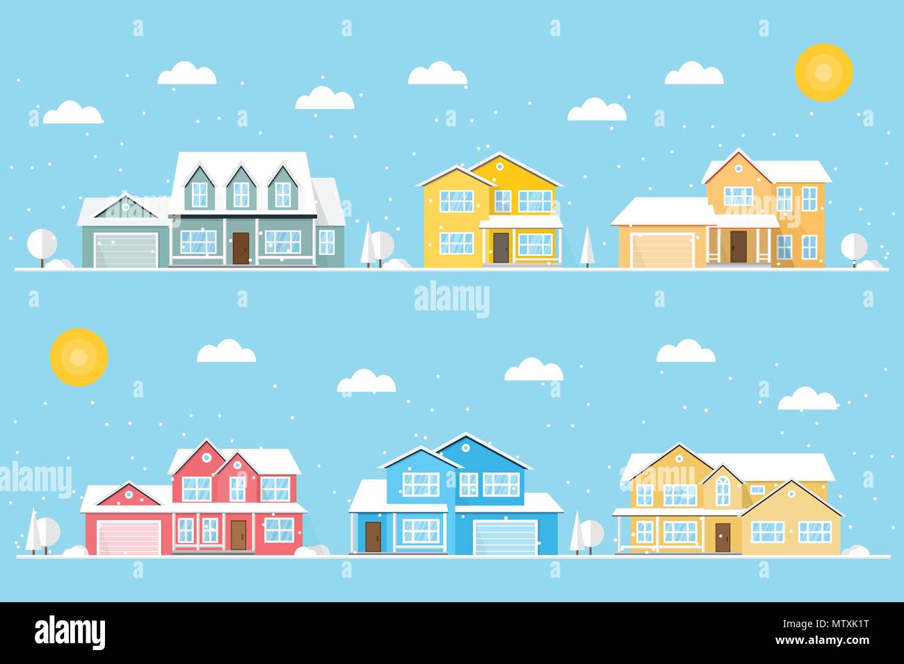 Nachbarschaft mit Wohnungen und Schneeflocken auf blauem Hintergrund dargestellt. Vektor flachbild Symbol suburban amerikanische Häuser im Winter. Für web design und App Stock Vektor
