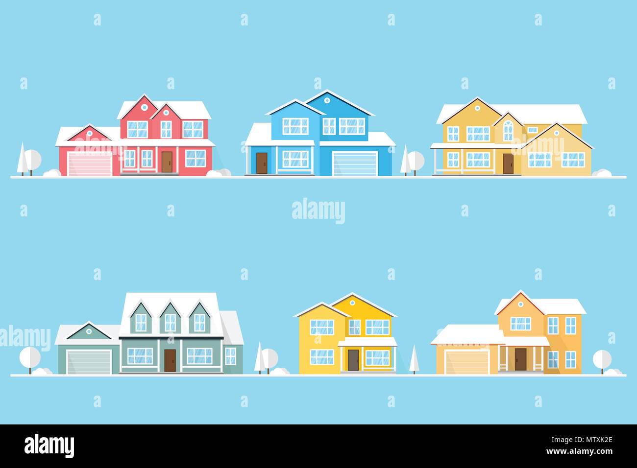 Nachbarschaft mit Wohnungen illustriert auf Blau. Vektor flachbild Symbol suburban amerikanische Häuser. Für web design und Application Interface, auch nützlich für die Info Stock Vektor