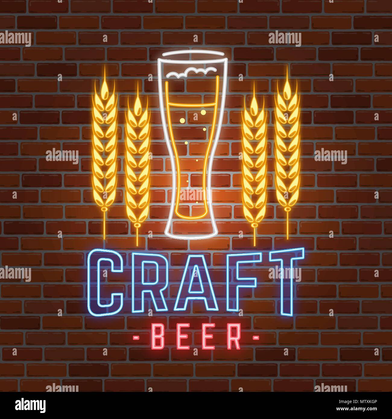 Retro neon Bier Bar Zeichen auf Stein Wand Hintergrund. Vector Illustration. Neon Design für Bar, Pub oder Restaurant. Handwerk Bier. Stock Vektor