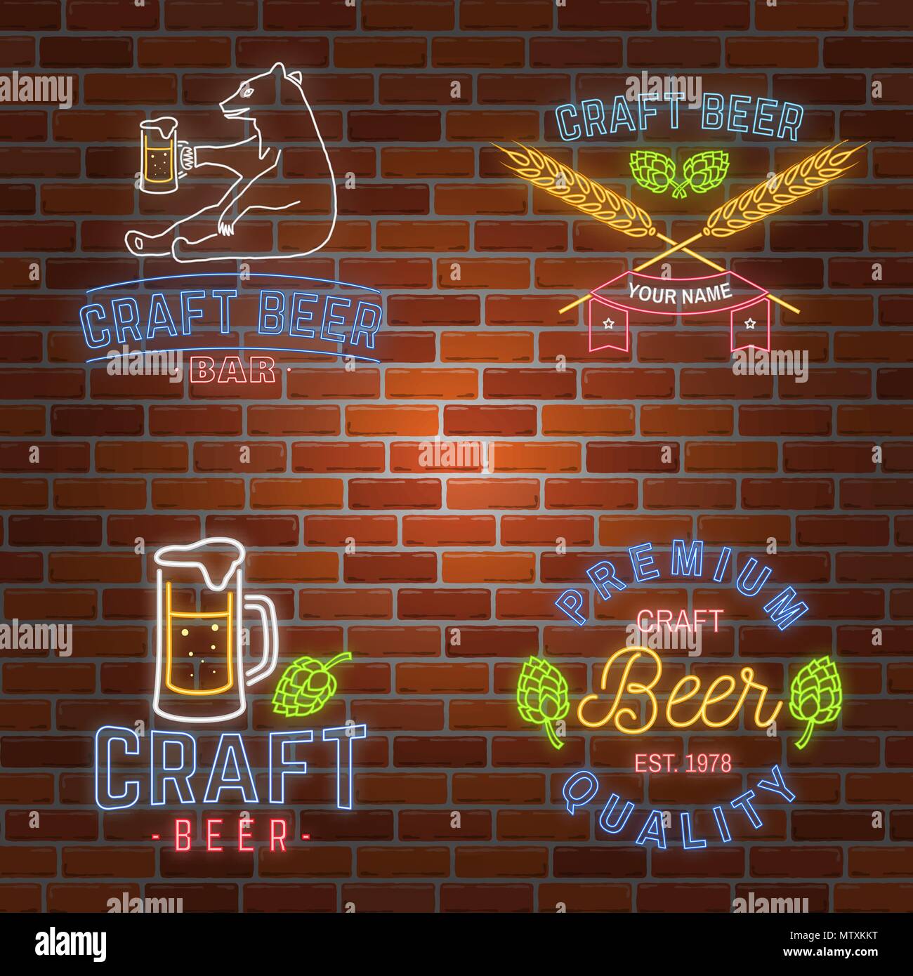 Satz von Neon schild Handwerk Bier Bar mit Hopfen, Gerste und Pint Bier auf Mauer Hintergrund. Vector Illustration. Vintage Design für eine Bar, ein Pub und ein Stock Vektor