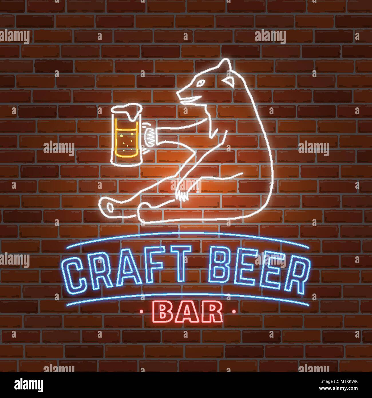 Neon schild Handwerk Bier mit Bär auf Mauer Hintergrund. Vector Illustration. Vintage Design für eine Bar, ein Pub und ein Restaurant. Handwerk Bier. Stock Vektor