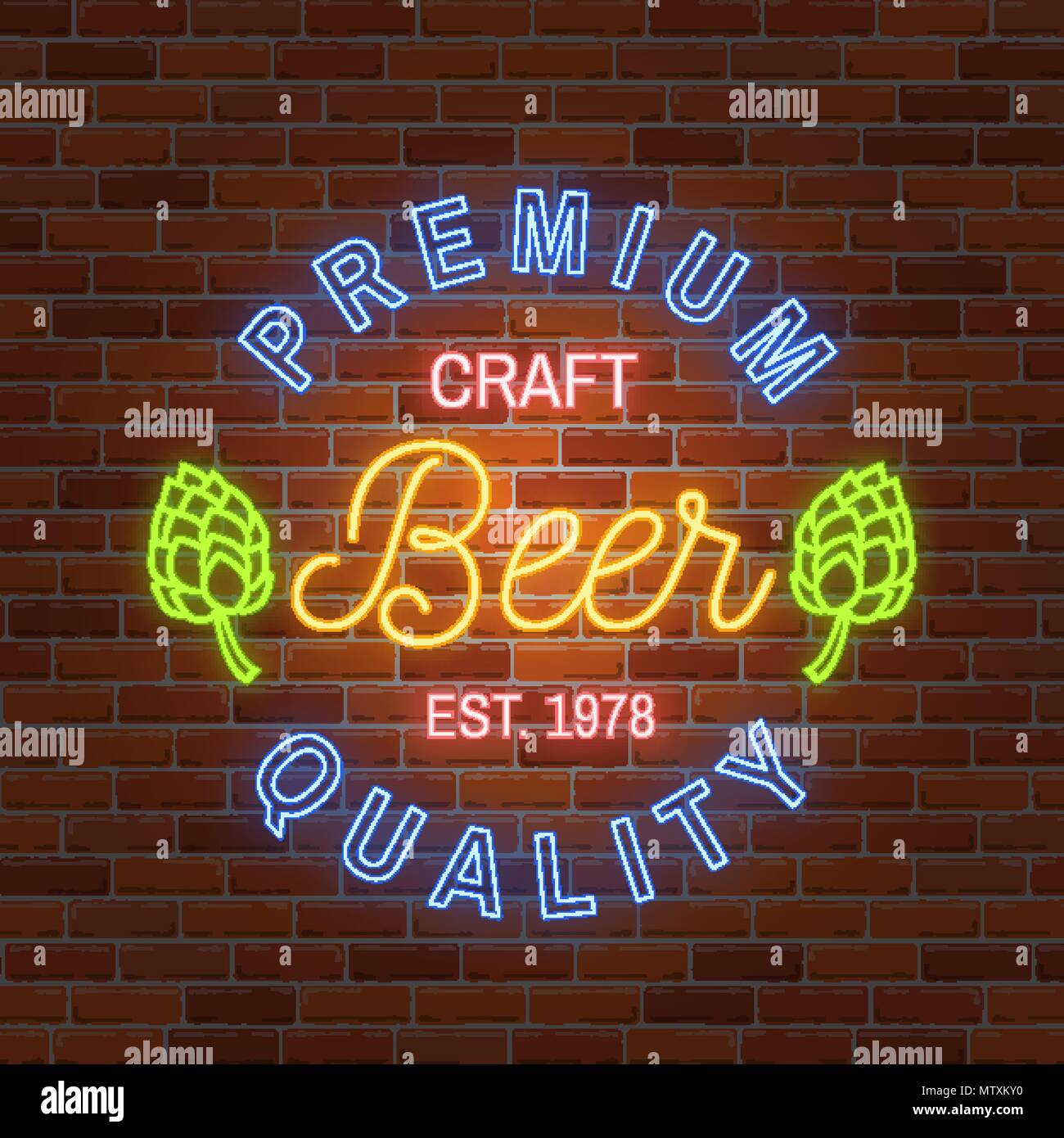 Retro neon Bier Bar Zeichen auf Stein Wand Hintergrund. Vector Illustration. Neon Design für Bar, Pub oder Restaurant. Premium Qualität Bier. Stock Vektor