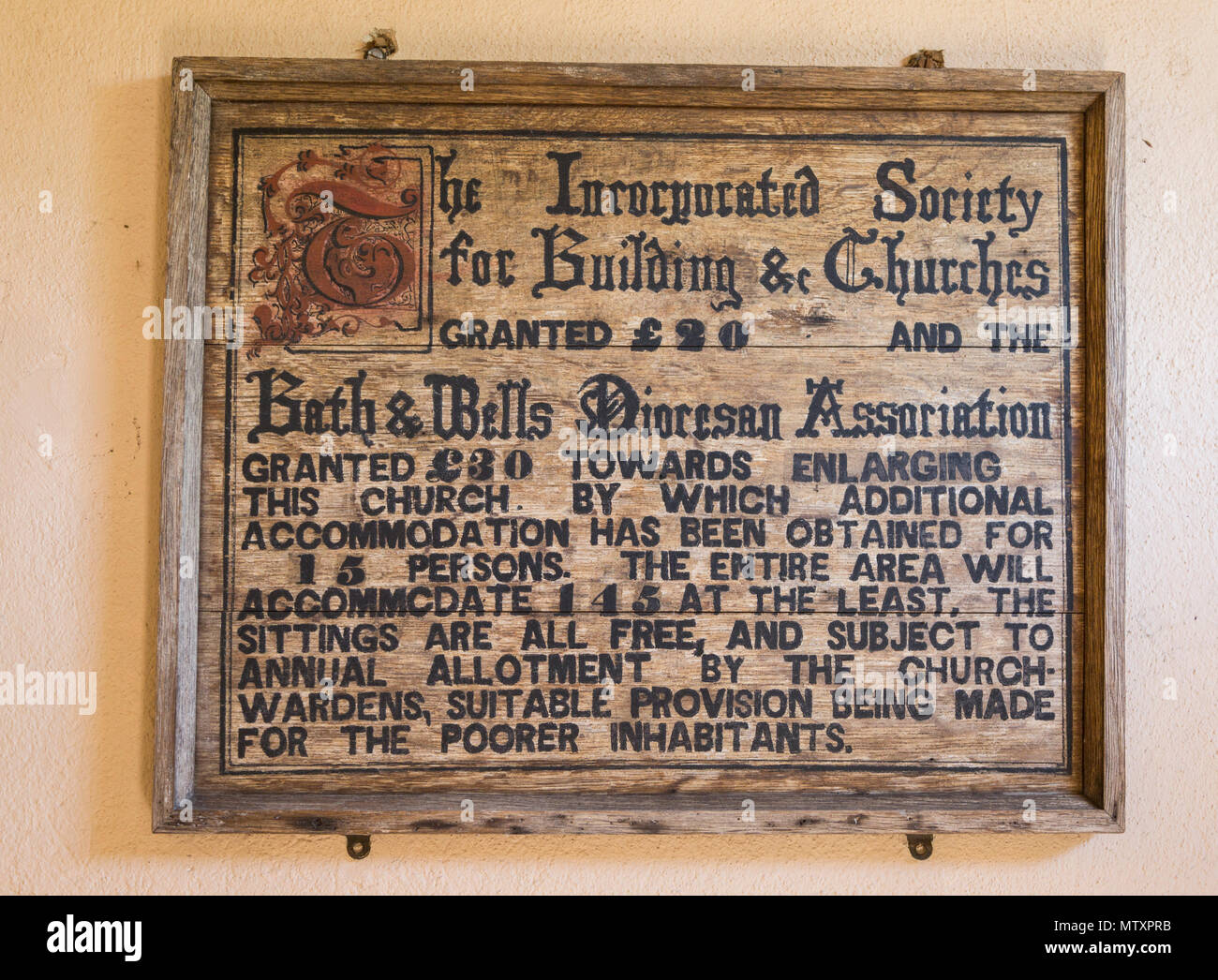 Finanzielle Spende award Panel im Dorf Pfarrkirche des Hl. Jakobus, Milton Clevedon, Somerset, England, UK-Bath und Wells Diözese Stockfoto
