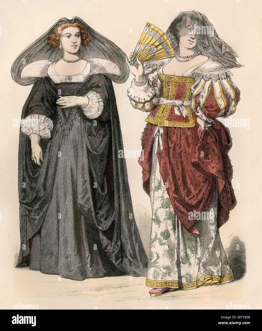 Frau in Trauer und Frau mit Ventilator, Mode der 1600er. Hand-farbig drucken Stockfoto